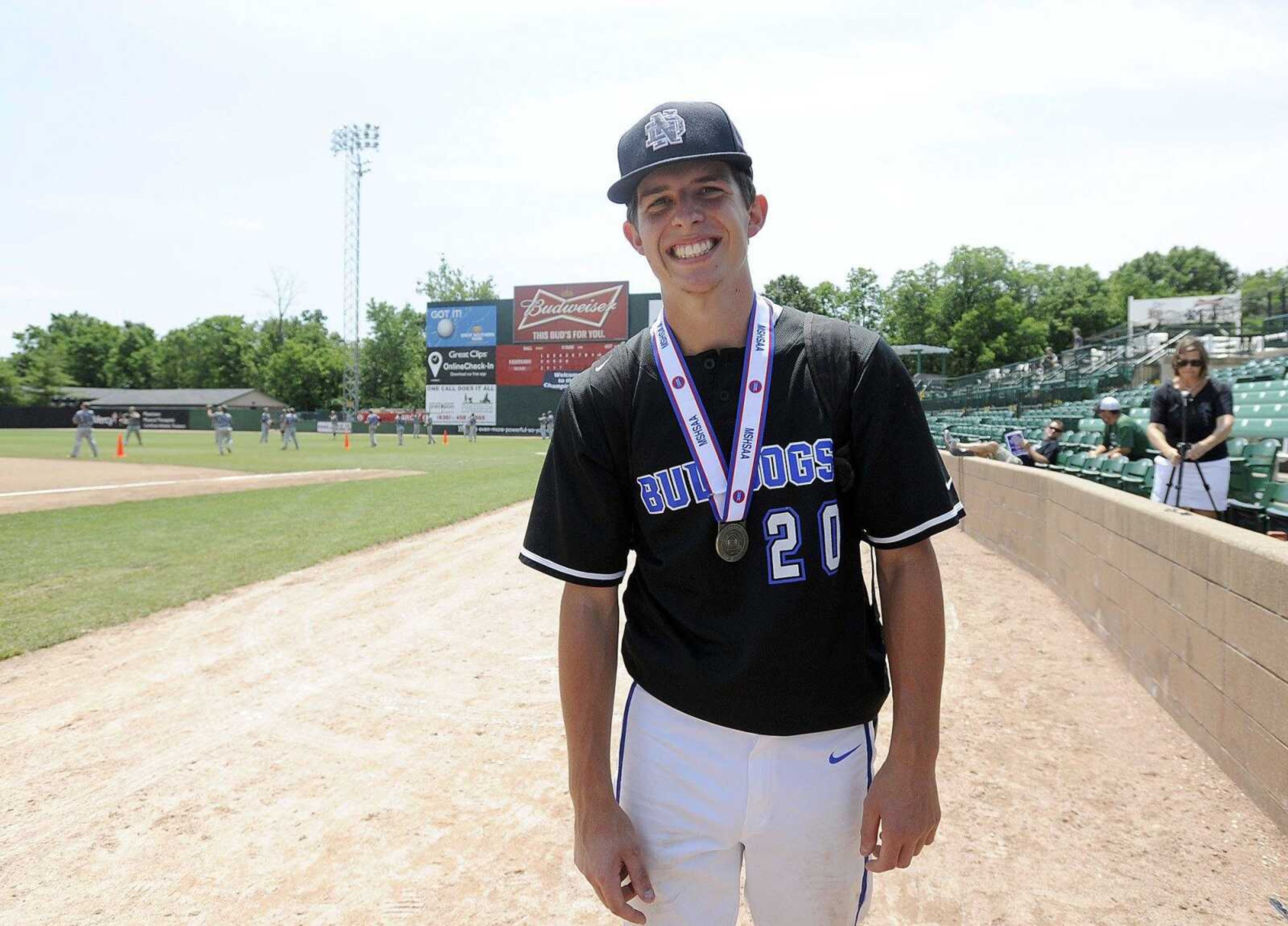 Notre Dame's Chase Urhahn smiles after the Bulldogs Class 4 championship win over Sullivan, 17-0 in five innings, Saturday, June 6, 2015, in O Fallon, Missouri. (Laura Simon)