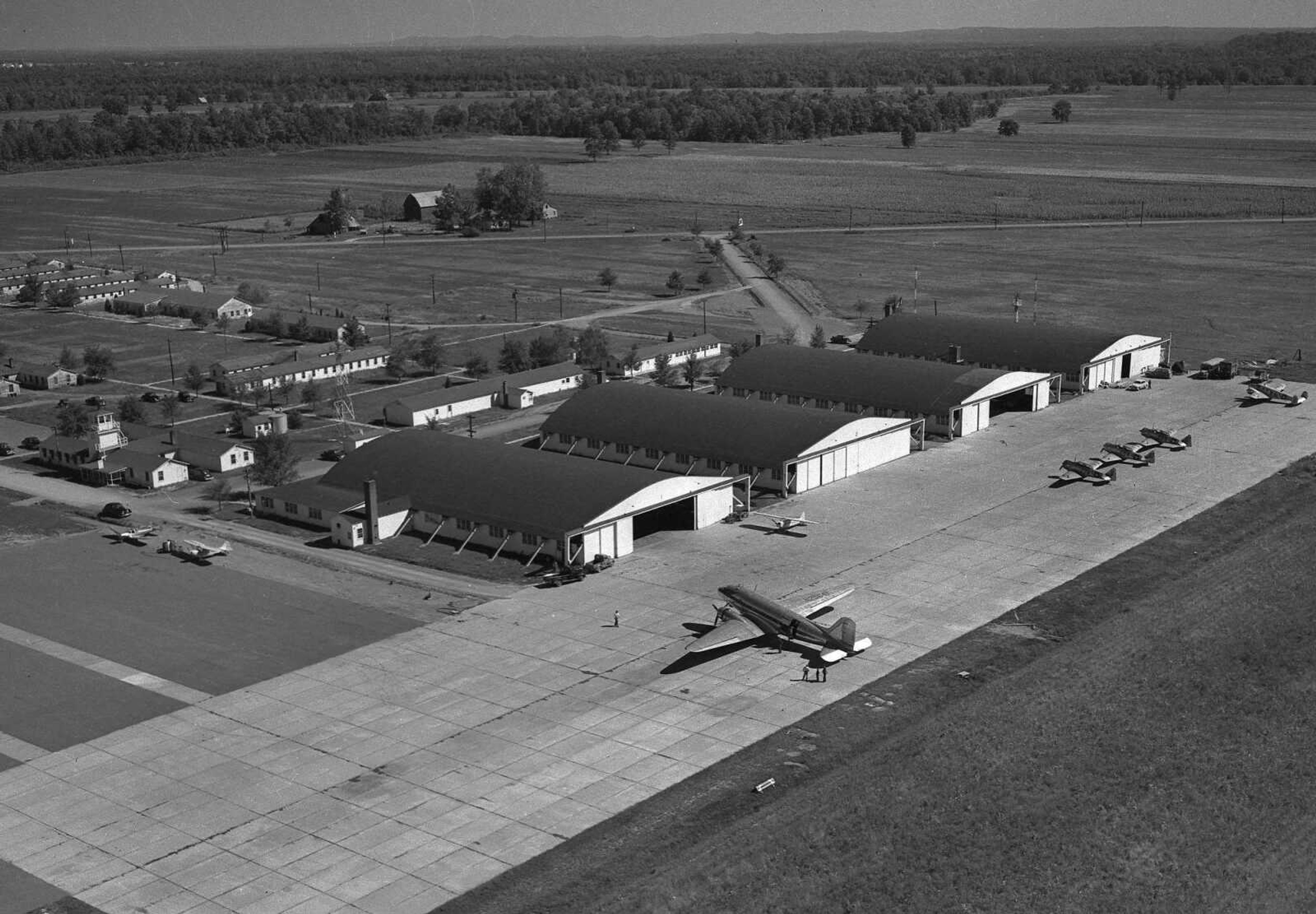 Southeast Missourian archive
Harris Field, now Cape Girardeau Regional Airport, was dedicated in December, 1942. There were eight barracks, a headquarters building, a mess hall, PX and infirmary, as well as athletic facilities and an obstacle course to keep the cadets fit. Used as a primary training base, 2500 pilots learned to fly there. It was closed March 16, 1944.