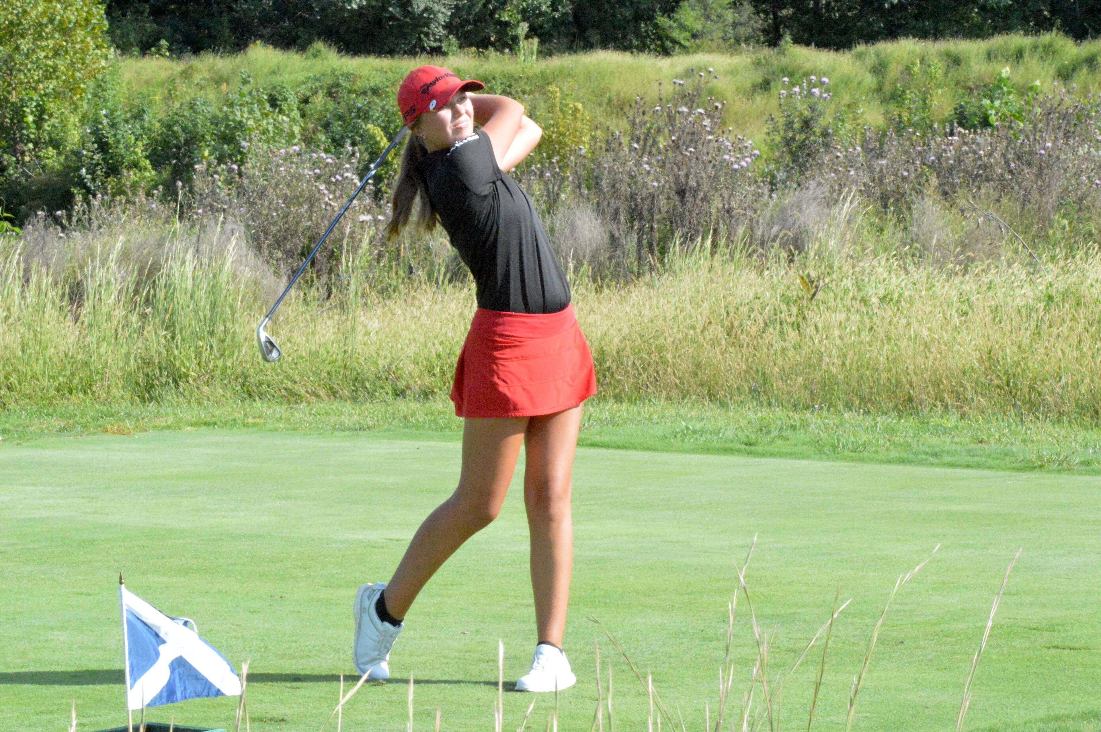 Jackson junior Madison Thrower tees off in the Notre Dame quad meet on Thursday, Sept. 26. Thrower finished with a 44. 