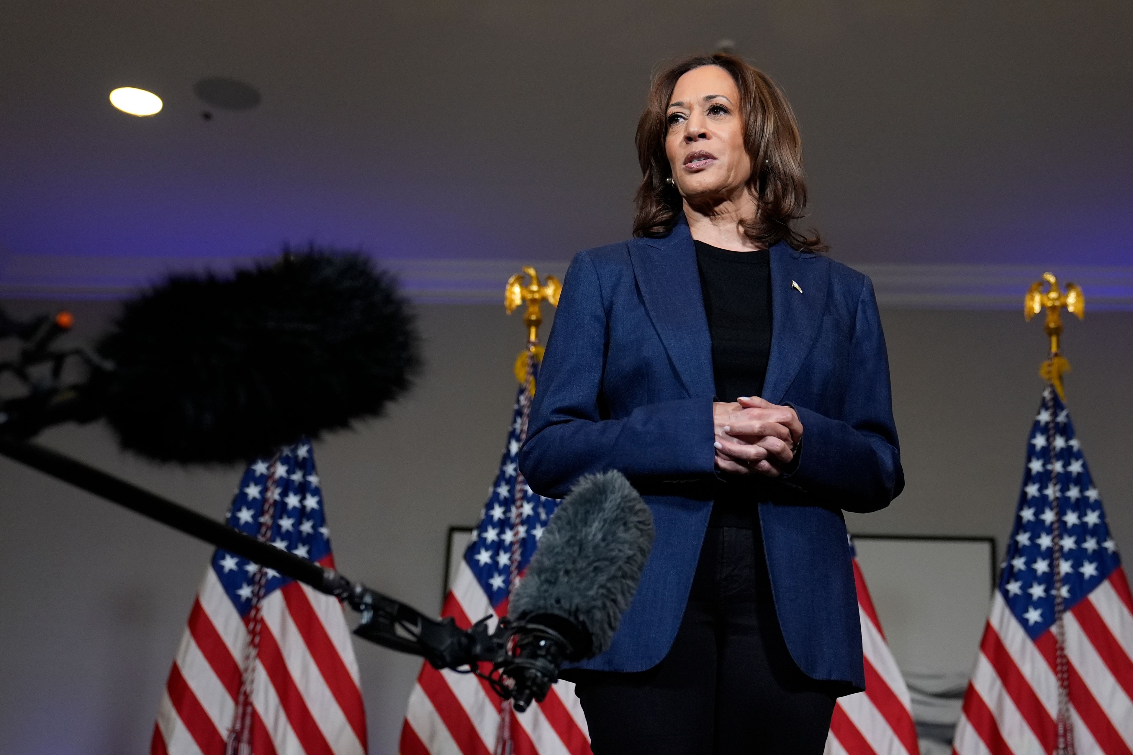 Democratic presidential nominee Vice President Kamala Harris speaks to reporters in Houston, Friday, Oct. 25, 2024. (AP Photo/Susan Walsh)