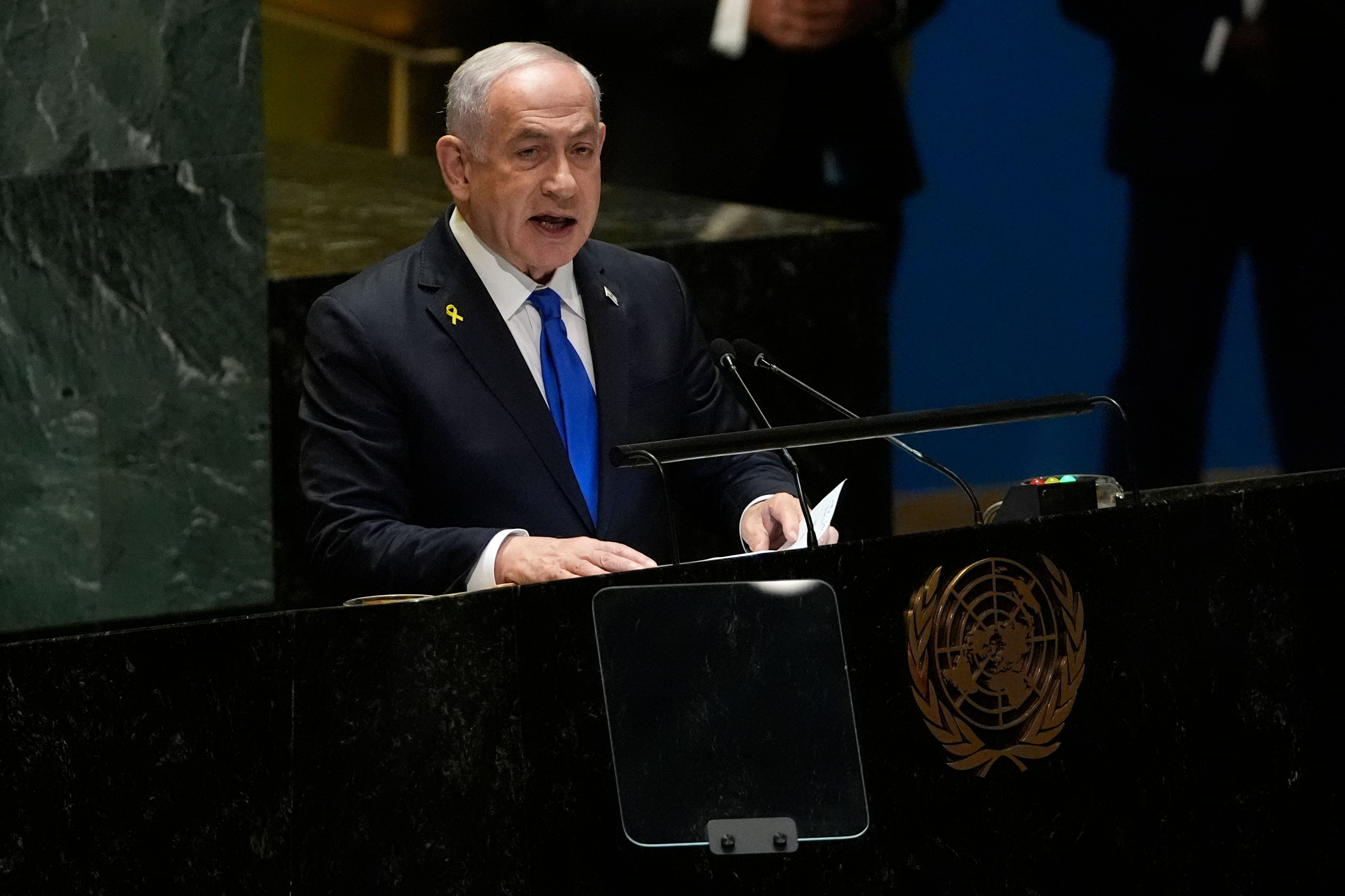 Prime Minister of Israel Benjamin Netanyahu addresses the 79th session of the United Nations General Assembly, Friday, Sept. 27, 2024. (AP Photo/Pamela Smith)