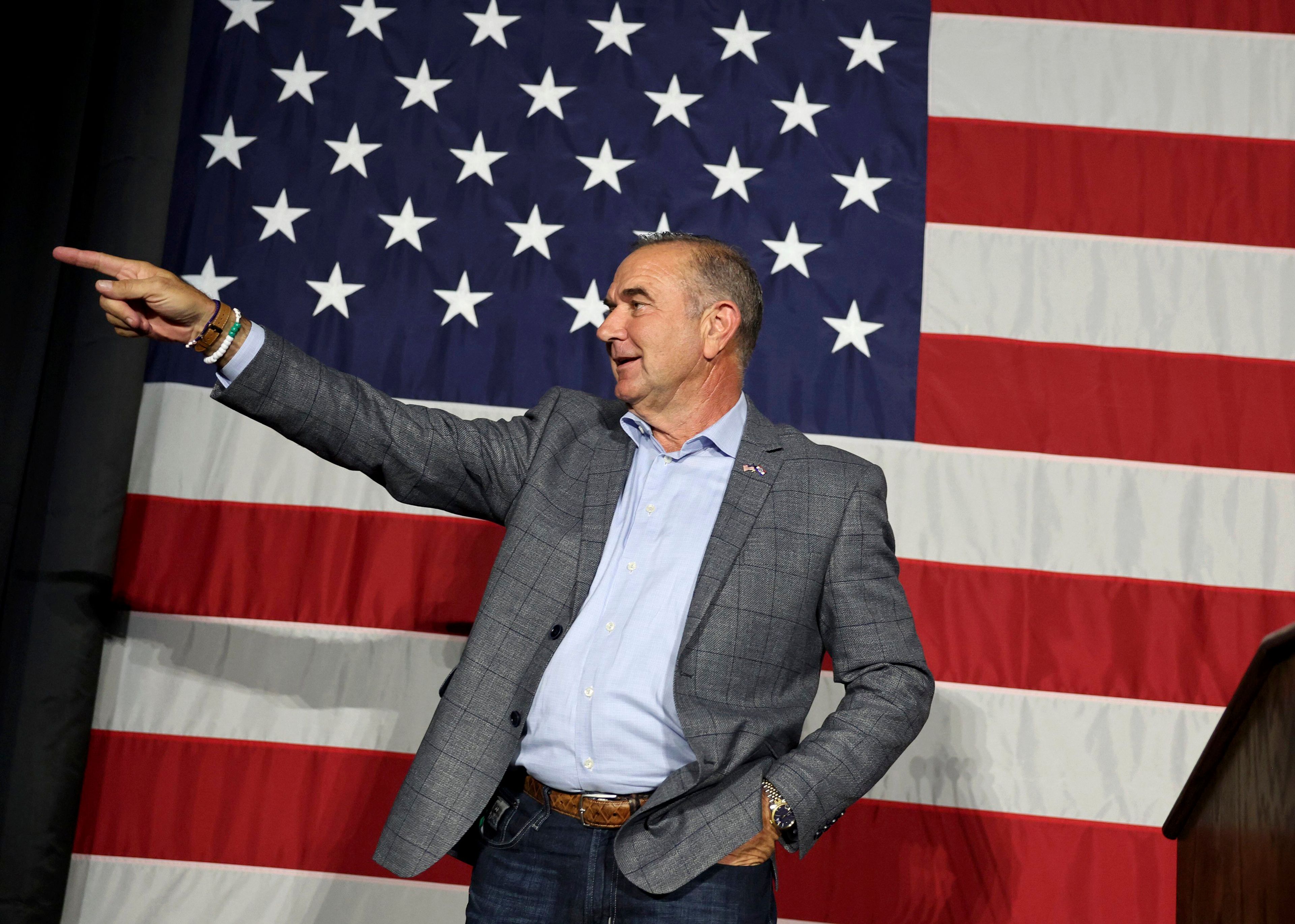 Missouri Governor-elect Mike Kehoe greets the crowd after being elected the 58th governor of Missouri at the Capital Bluffs Event Center in Jefferson City, Mo., Tuesday, Nov. 5, 2024. (Robert Cohen/St. Louis Post-Dispatch via AP)