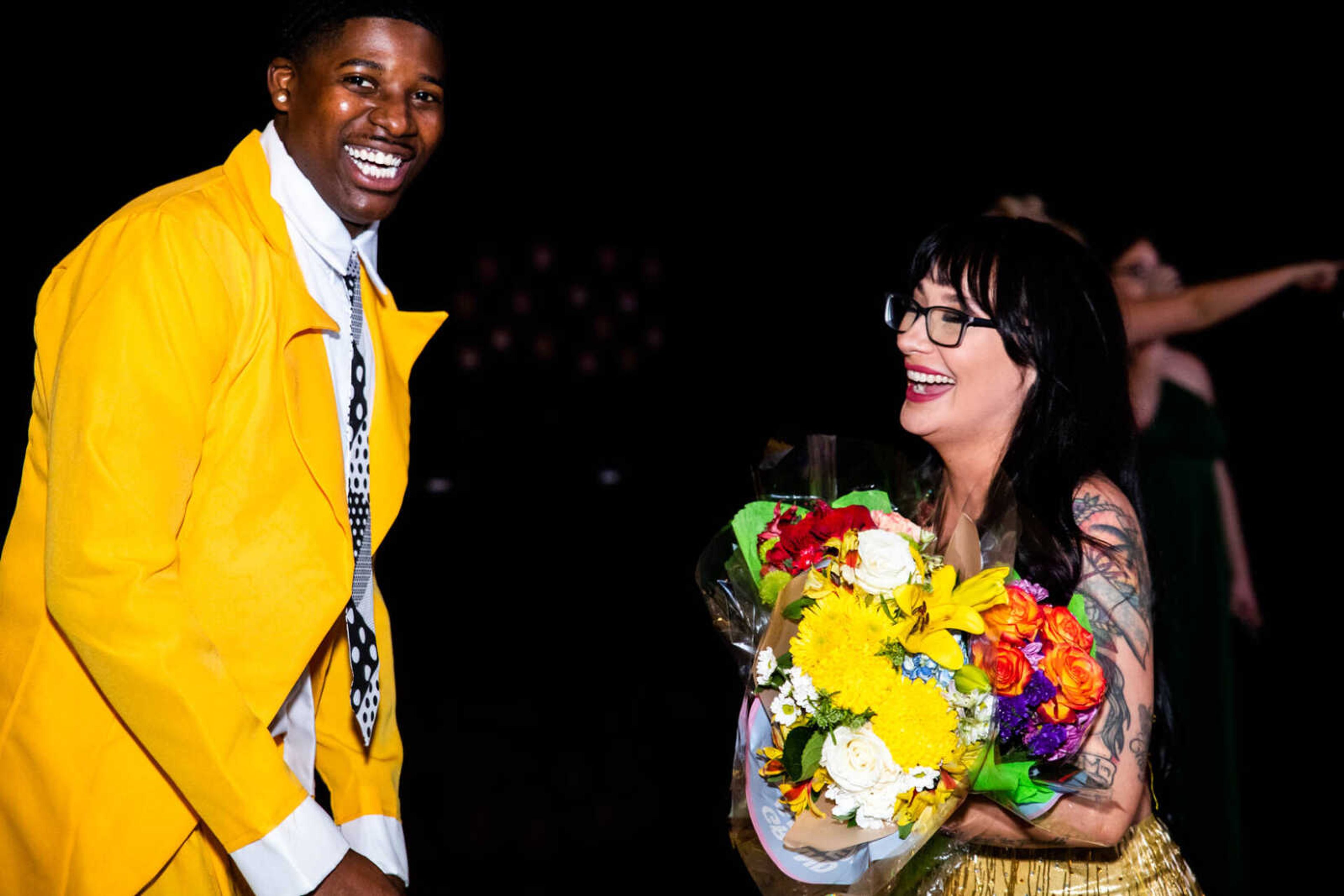 James Macklin and Kanaan Rhodes laugh together after their performance&nbsp;at&nbsp;the 2023 Dancing With Show Me Stars event on Saturday, July 29 at the Show Me Center.