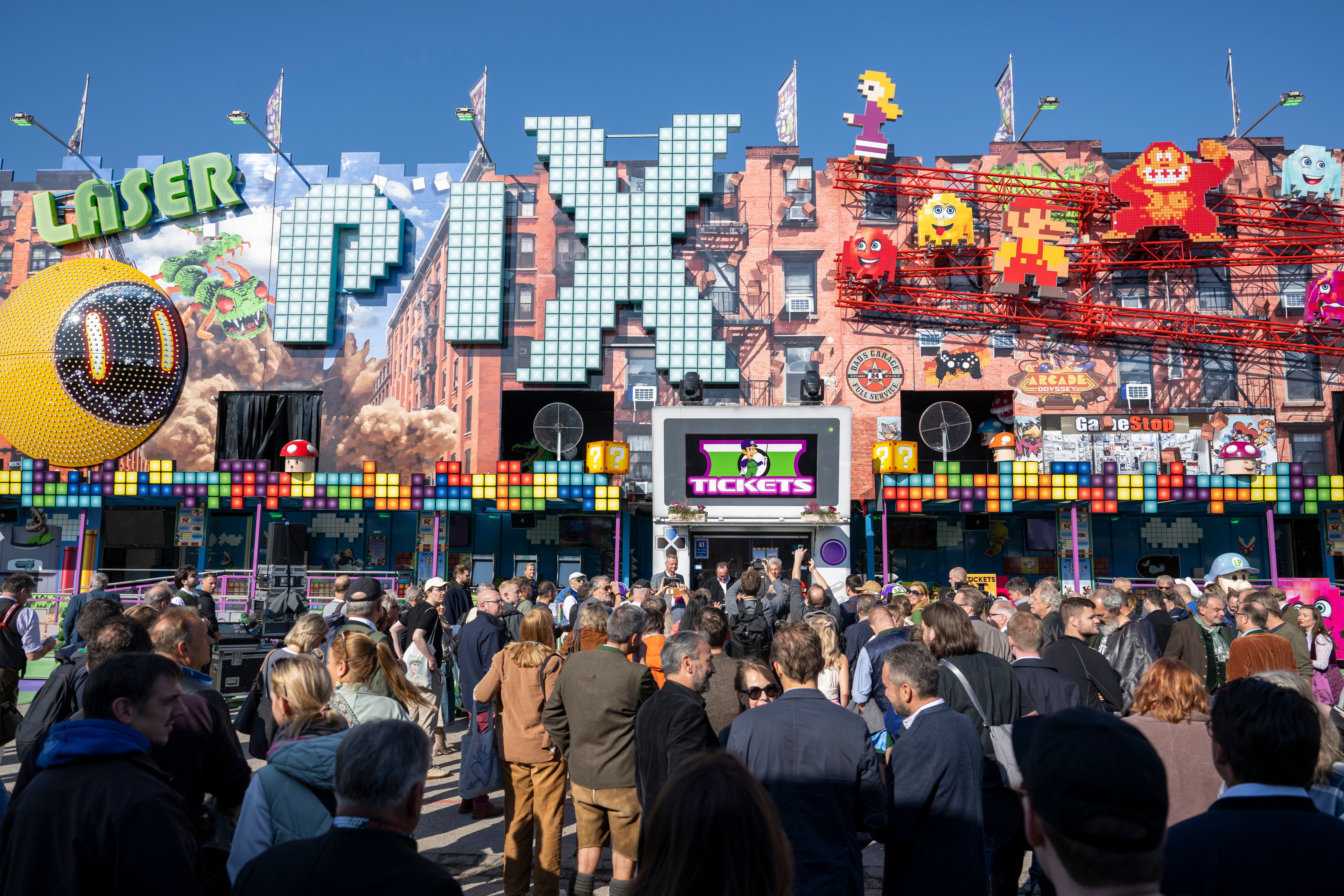 A view of the new ride "Laser Pix", during a press tour at the Oktoberfest, in Munich, Germany, Thursday, Sept. 19, 2024. (Lennart Preiss/dpa via AP)