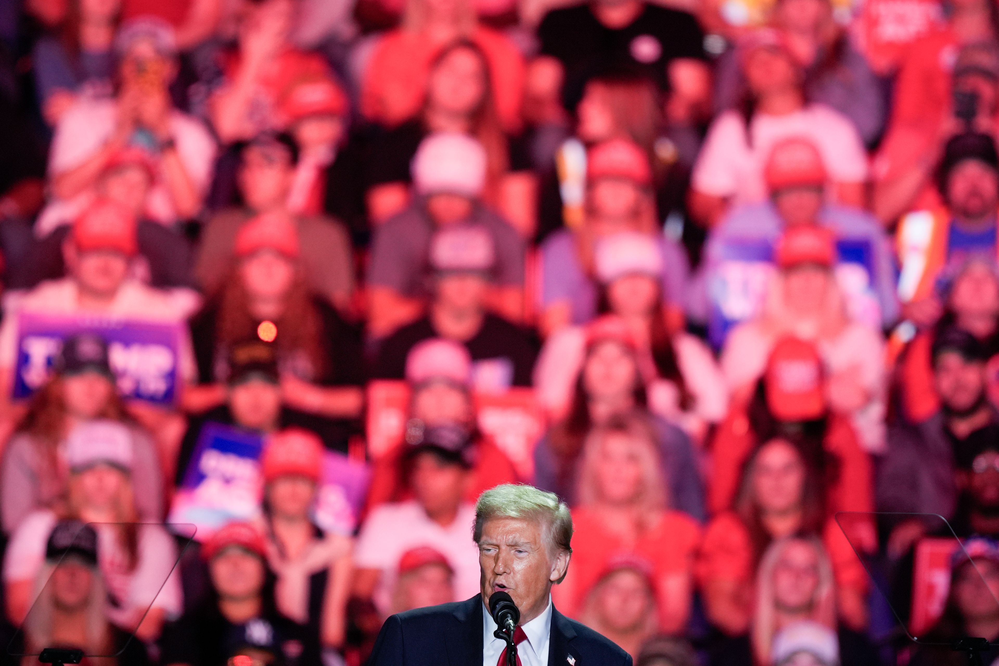 Republican presidential nominee former President Donald Trump speaks during a campaign rally at First Horizon Coliseum, Saturday, Nov. 2, 2024, in Greensboro, NC. (AP Photo/Alex Brandon)