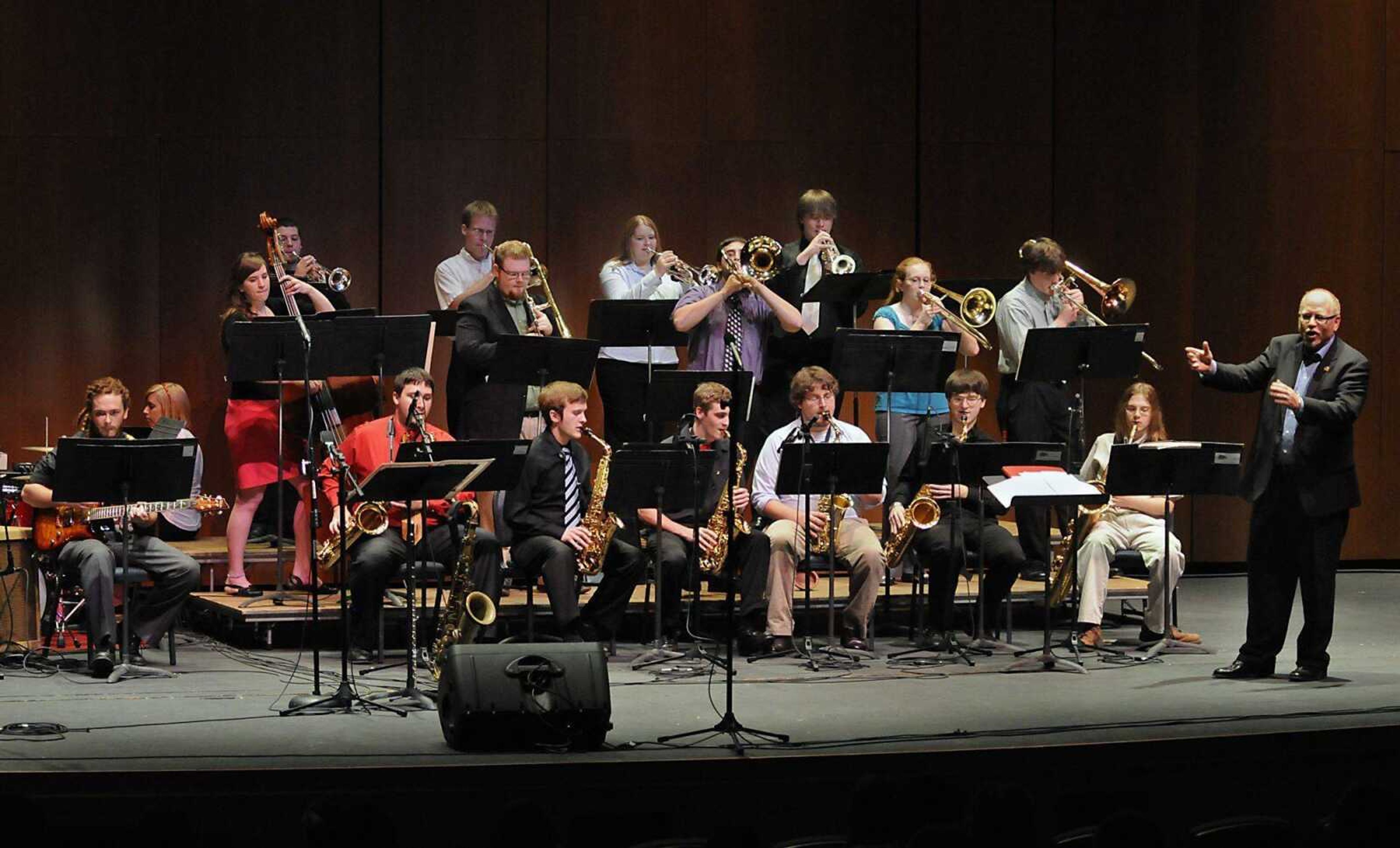 Southeast Missouri State University's Jazz Lab Band performs during their "Swing, Swang, Swung" concert at the Donald C. Bedell Performance Hall at the River Campus on Friday, April 23, 2010. (KRISTIN EBERTS)