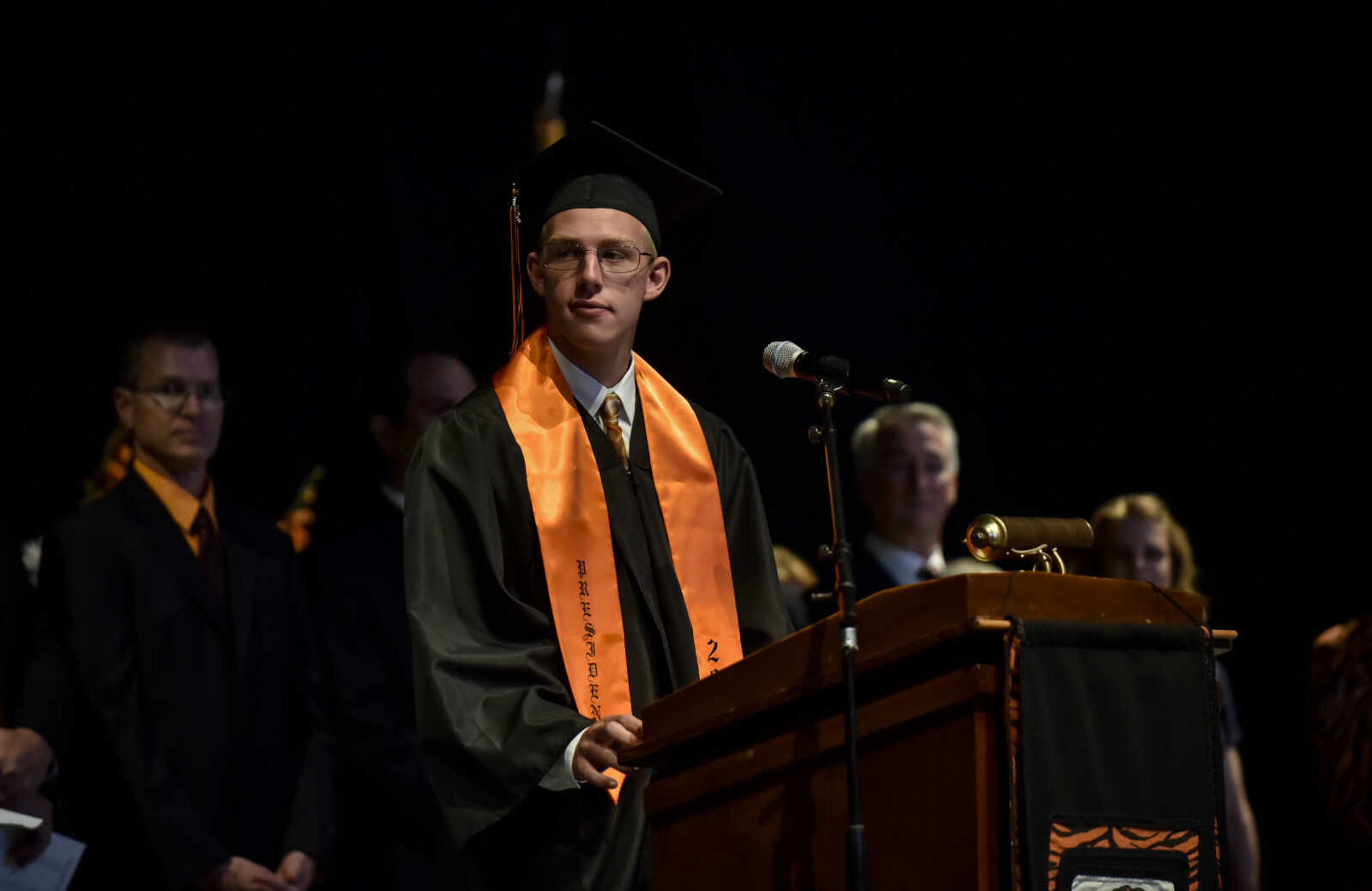 Carson Retter, senior class president, welcomes friends, families, classmates and more to the Show Me Center during the Cape Central High School Class of 2018 graduation Sunday, May 13, 2018 in Cape Girardeau.