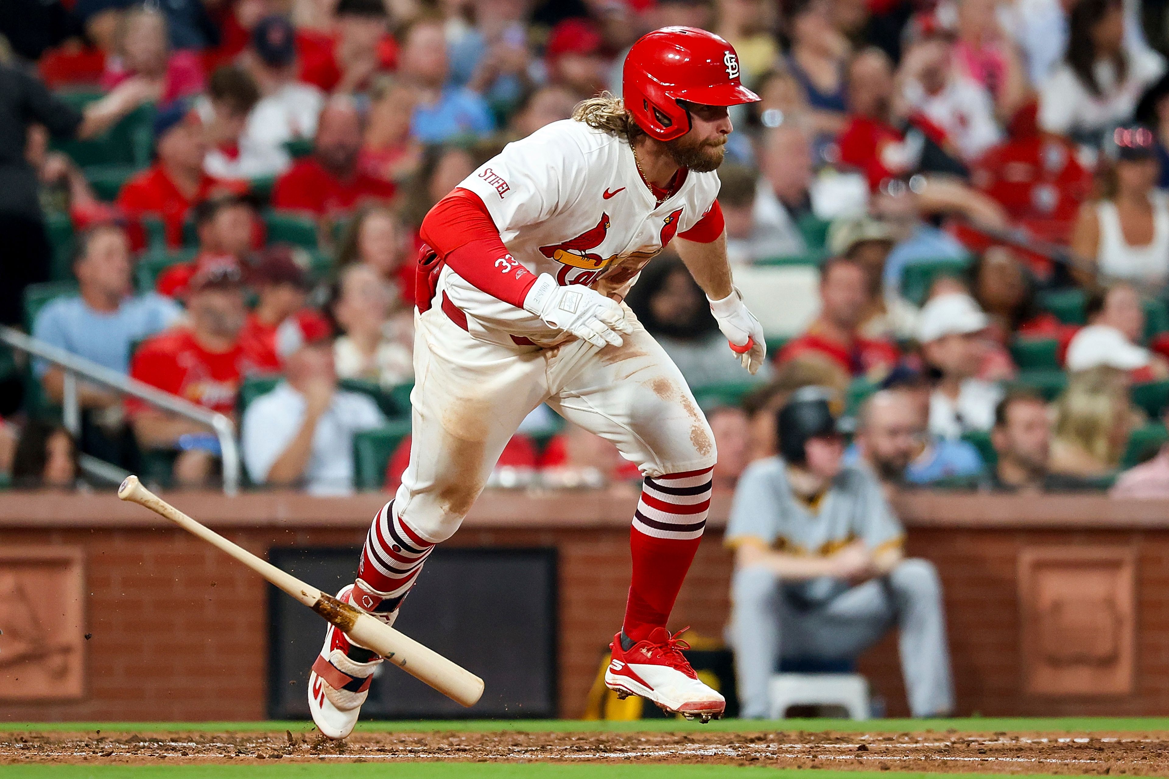 St. Louis Cardinals' Brendan Donovan runs on his RBI single during the fourth inning of a baseball game against the Pittsburgh Pirates, Thursday, Sept. 19, 2024, in St. Louis. (AP Photo/Scott Kane)