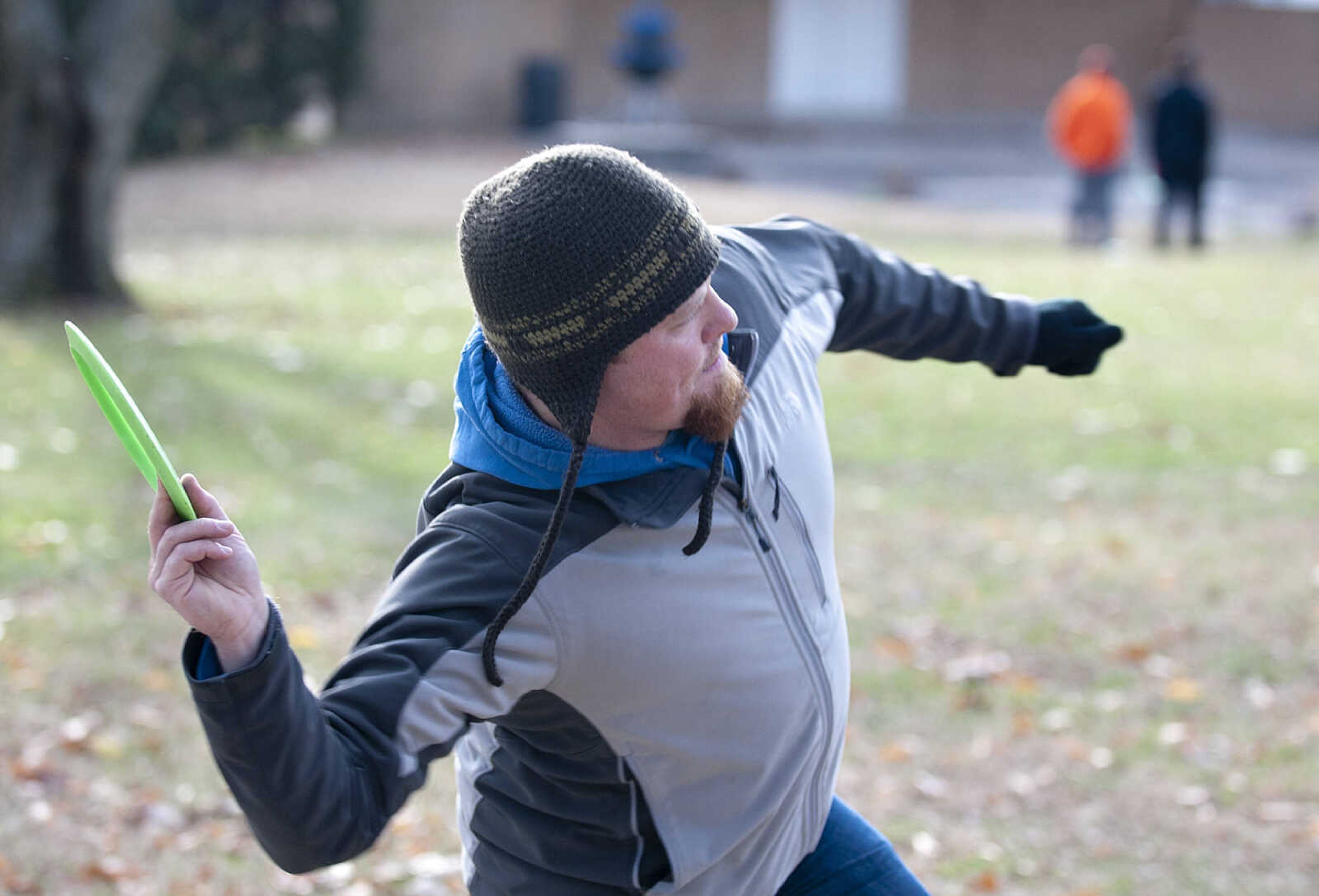 Matt McDonald tees off during the Fountain of Life Disc Golf Tournament Sunday, Nov. 24, at Capaha Park in Cape Girardeau. Organizers estimated that approximately 30 people played in the tournament which raised around $2,500 which will go towards construction of a fresh water well for a village in Swaziland, Africa.