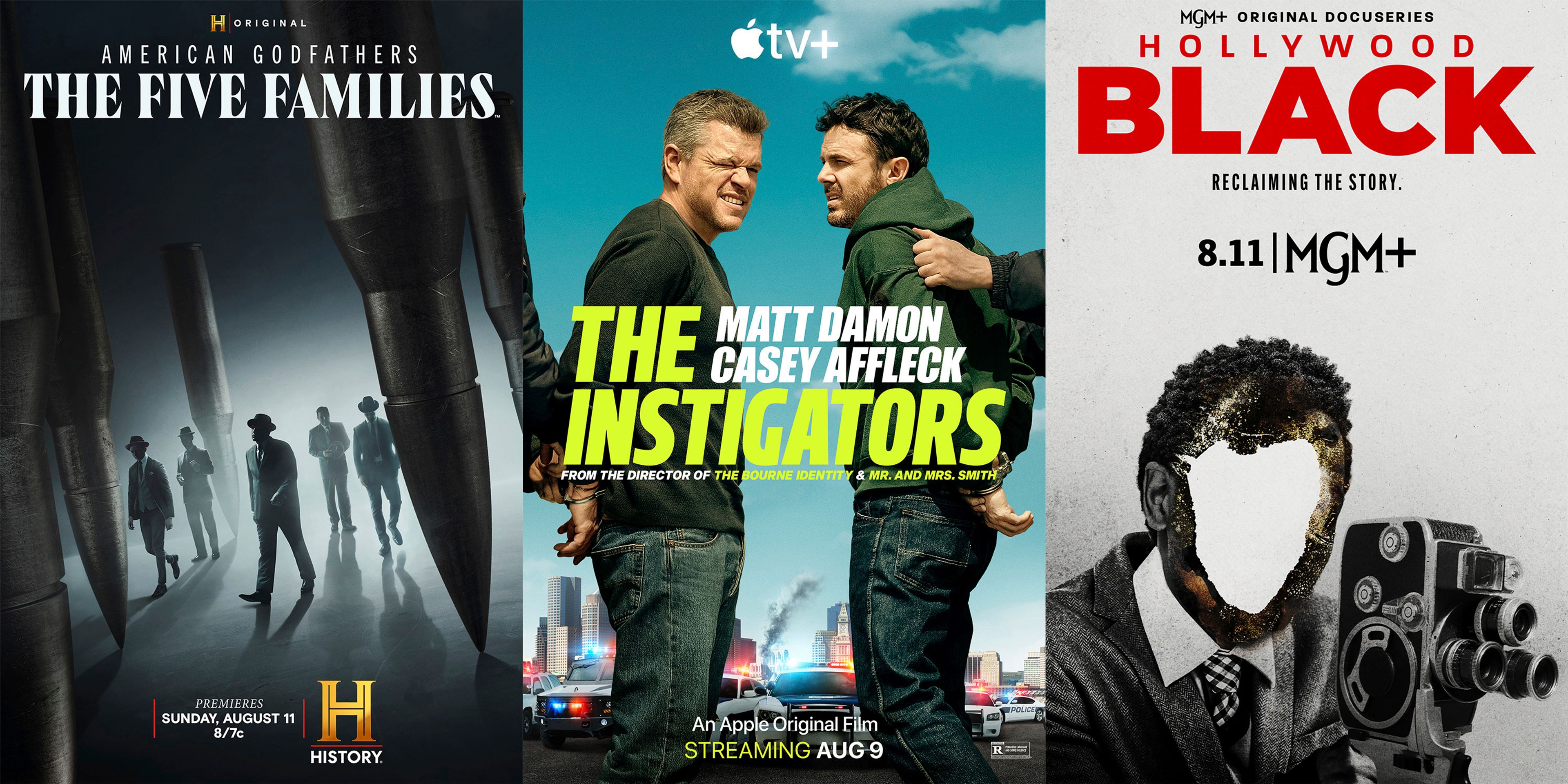 This combination of images shows promotional art for the series "American Godfathers: The Five Families," left, the film "The Instigators," center, and the docuseries "Hollywood Black." (History/Apple TV+/MGM+ via AP)