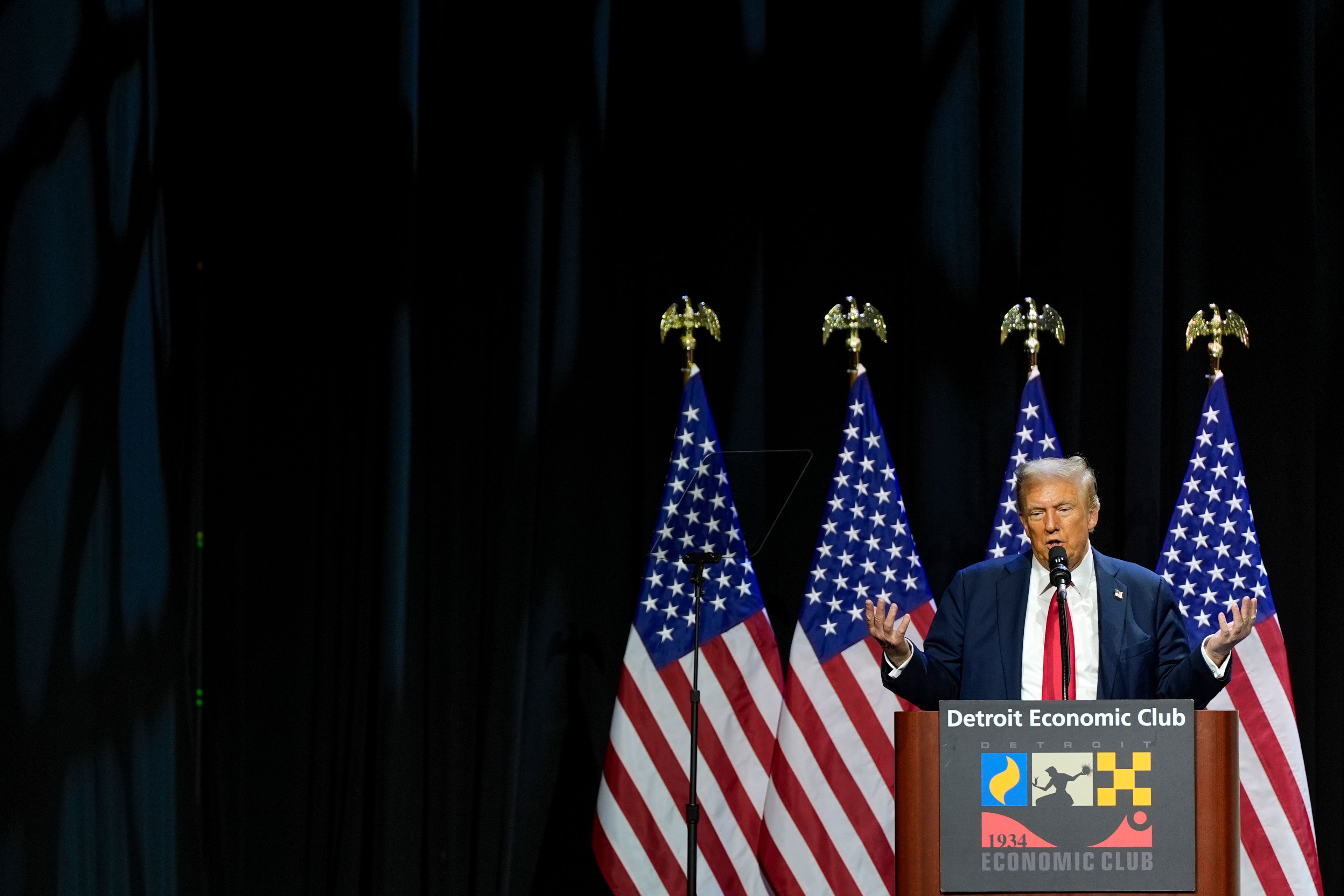 Republican presidential nominee former President Donald Trump speaks at a meeting of the Detroit Economic Club, Thursday, Oct. 10, 2024, in Detroit. (AP Photo/Julia Demaree Nikhinson)