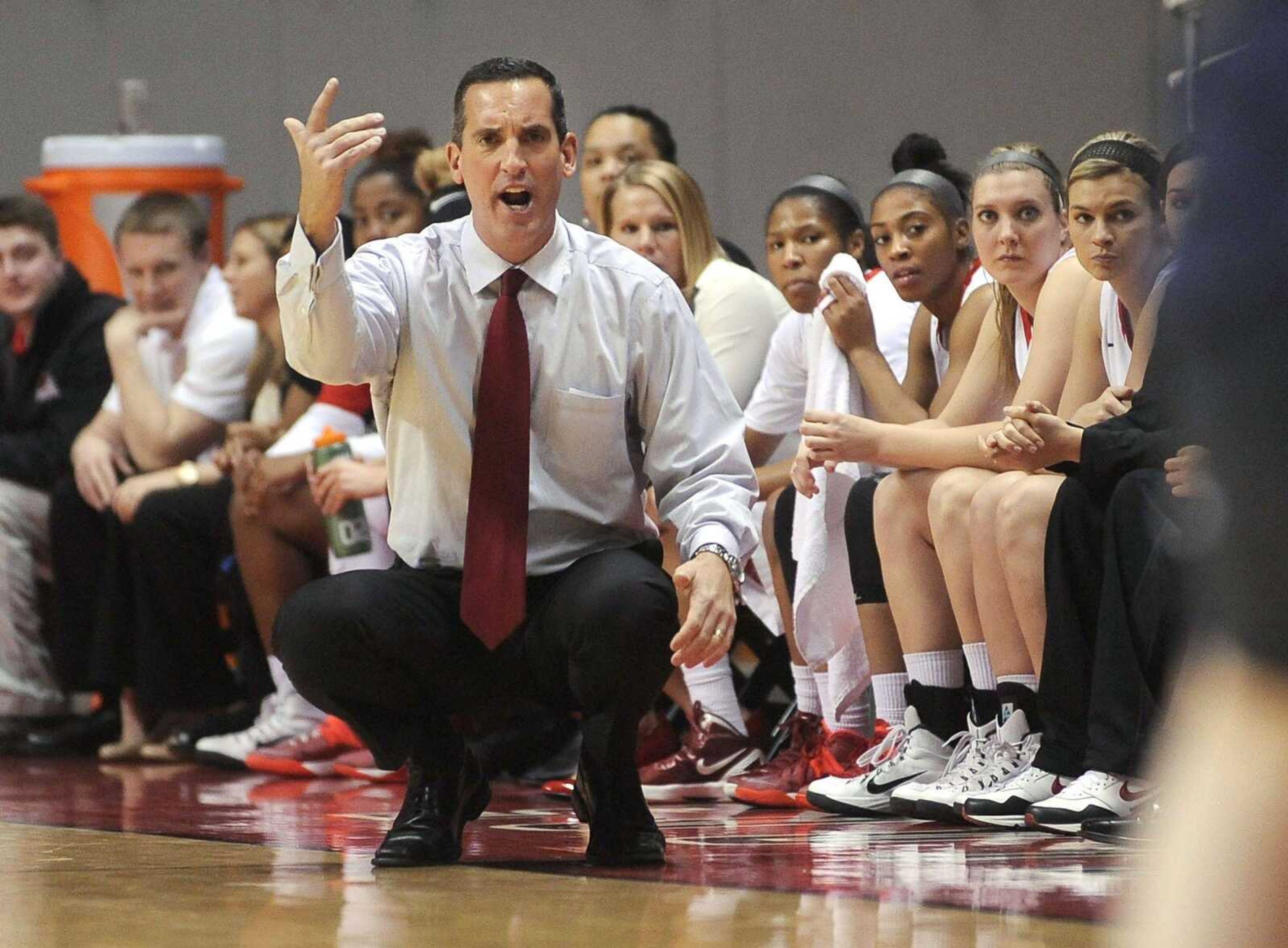 Southeast Missouri State coach Ty Margenthaler shouts to his players during the first half against Illinois-Springfield on Dec. 21 at the Show Me Center. (Fred Lynch)