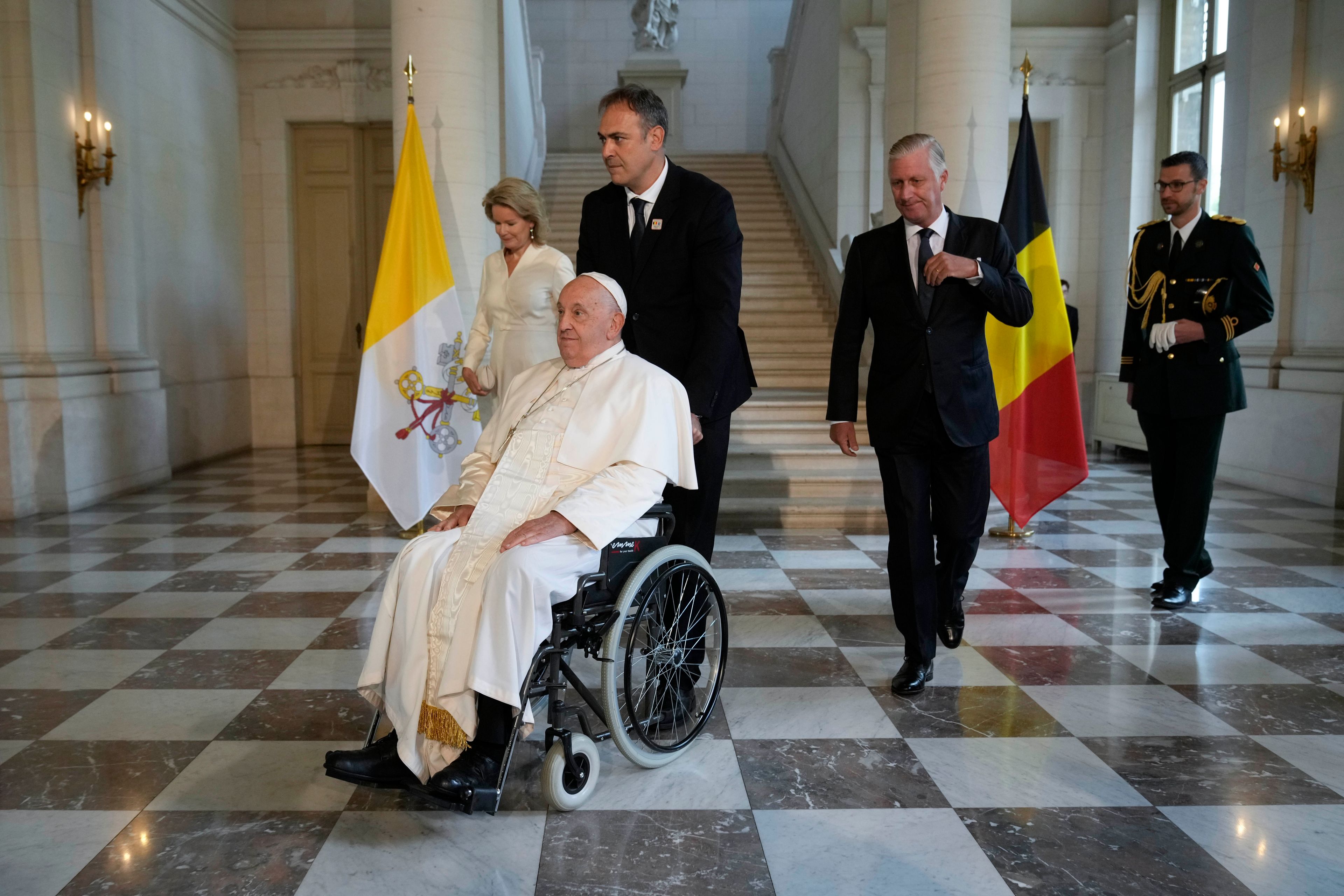 Pope Francis meets with King Philippe and Queen Mathilde in the Castle of Laeken, Brussels, Friday, Sept. 27, 2024. (AP Photo/Andrew Medichini)