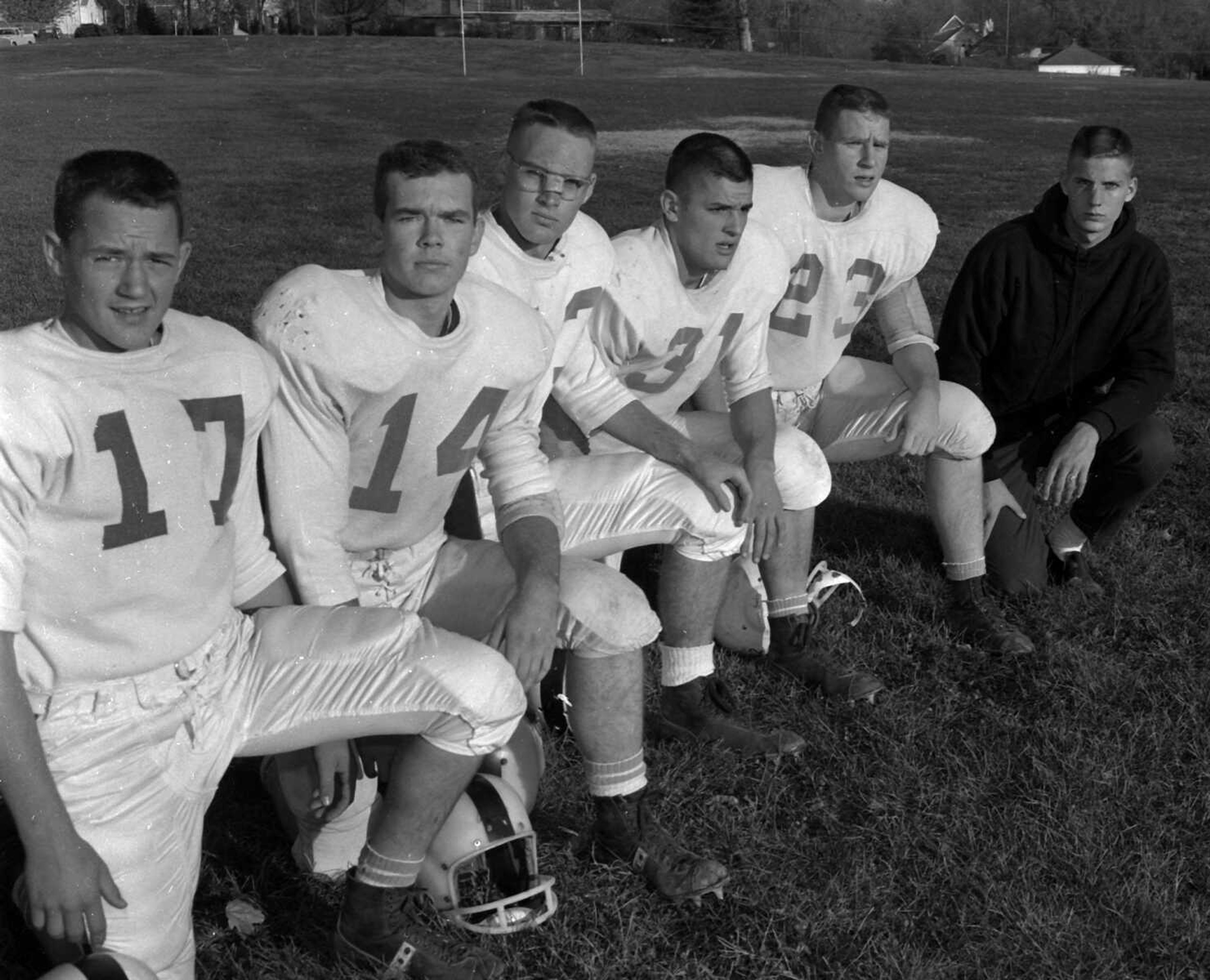 Nov. 8, 1961 Southeast Missourian.
These seniors will be playing their final football game for Central High School Friday night at Perryville in a battle against Public High there. They are, left to right, Cris Collie, Ralph Furhman, Bill Stone, Floyd King, Bob Hoffman and Paul Ebaugh. (G.D. Fronabarger/Southeast Missourian archive)