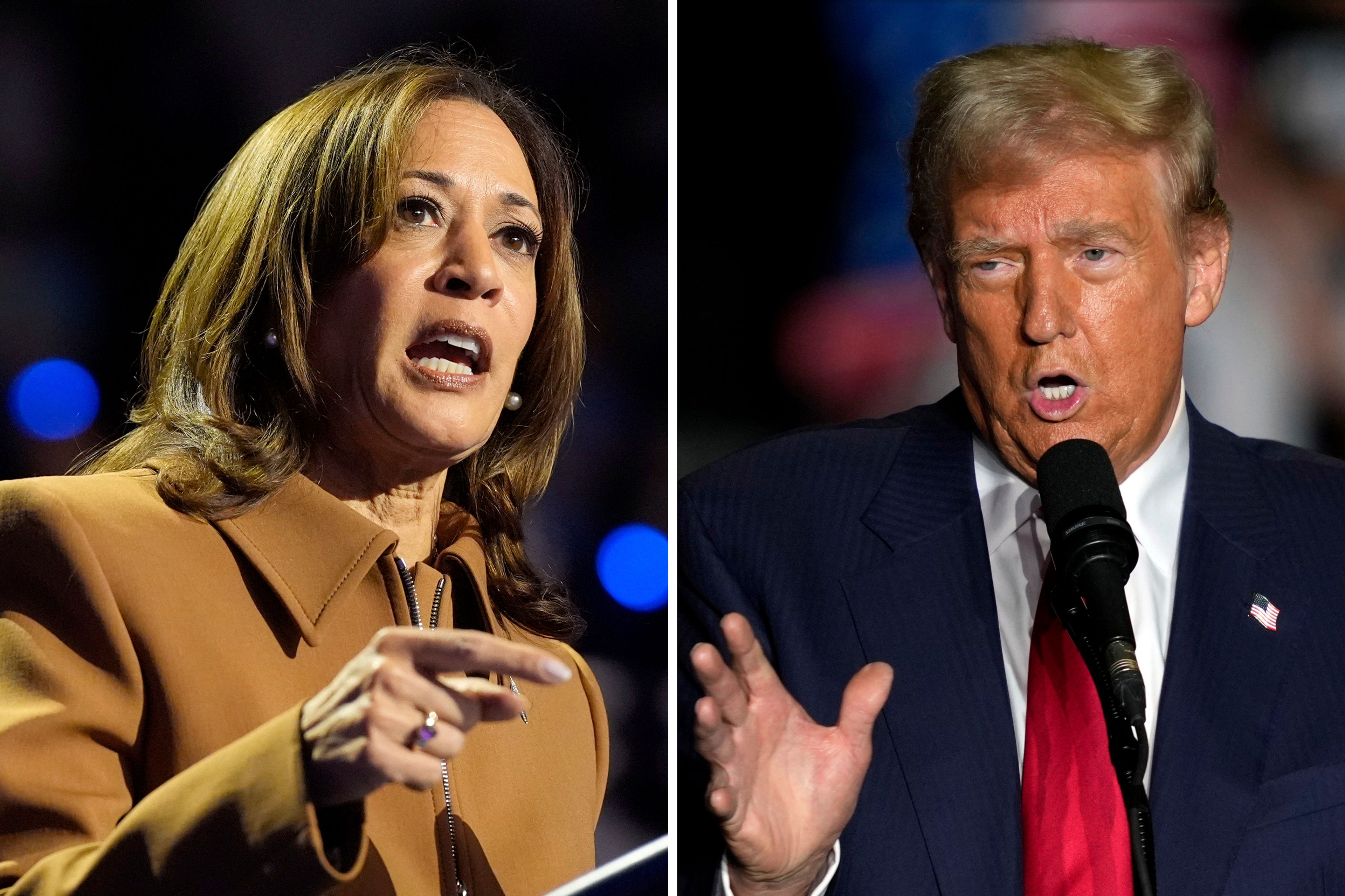 This combination of file photos shows Democratic presidential nominee Vice President Kamala Harris, left, speaking during a campaign rally in Kalamazoo, Mich., Oct. 26, 2024, and Republican presidential nominee former President Donald Trump, right, speaking during a campaign rally Oct. 22, 2024, in Greensboro, N.C. (AP Photo)