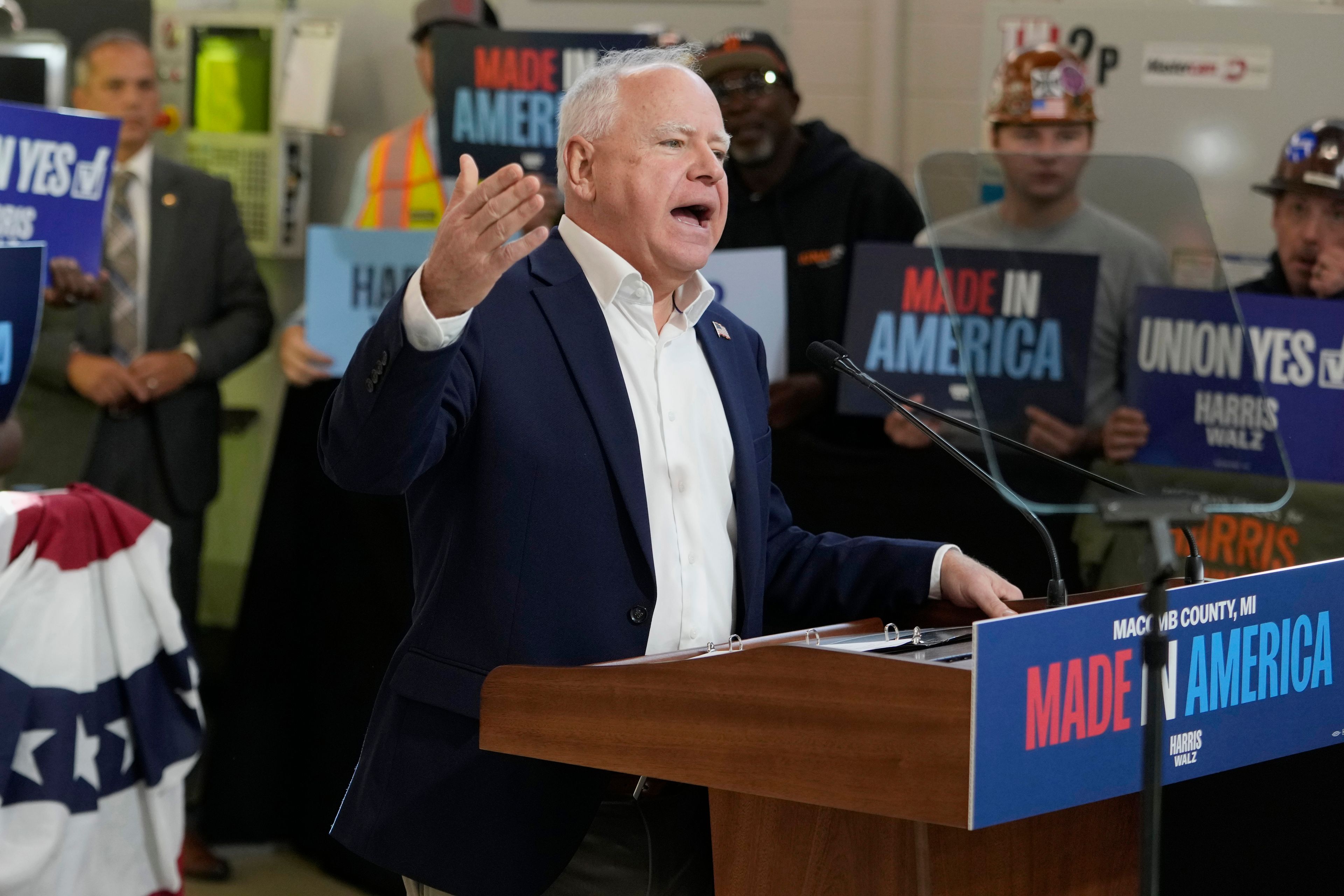 Democratic vice presidential nominee Minnesota Gov. Tim Walz speaks during a campaign event, Friday, Oct. 11, 2024, in Warren, Mich. (AP Photo/Carlos Osorio)