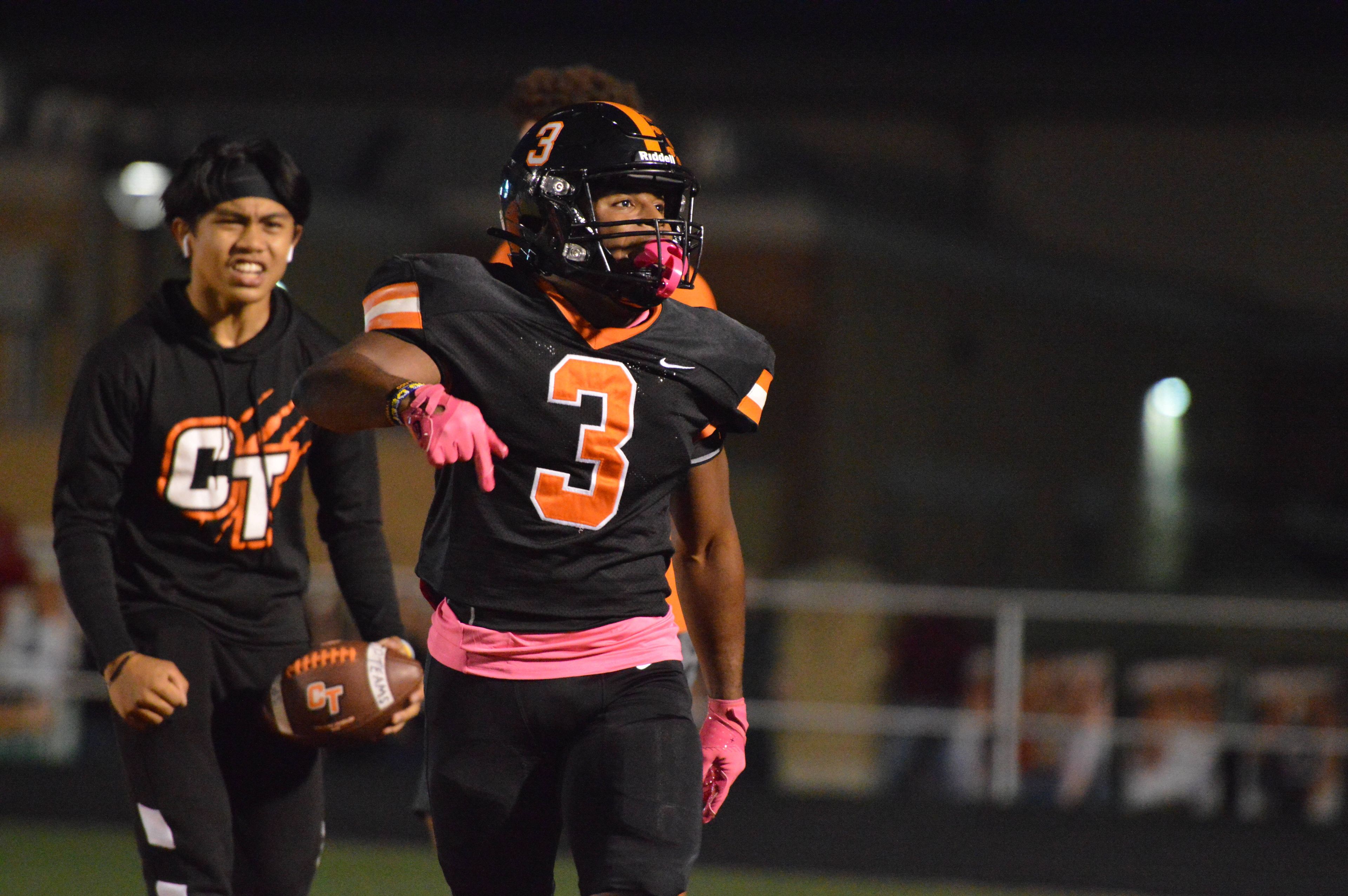 Cape Central senior Zai’Aire Thomas celebrates following a touchdown reception against Jackson on Friday, Oct. 4.