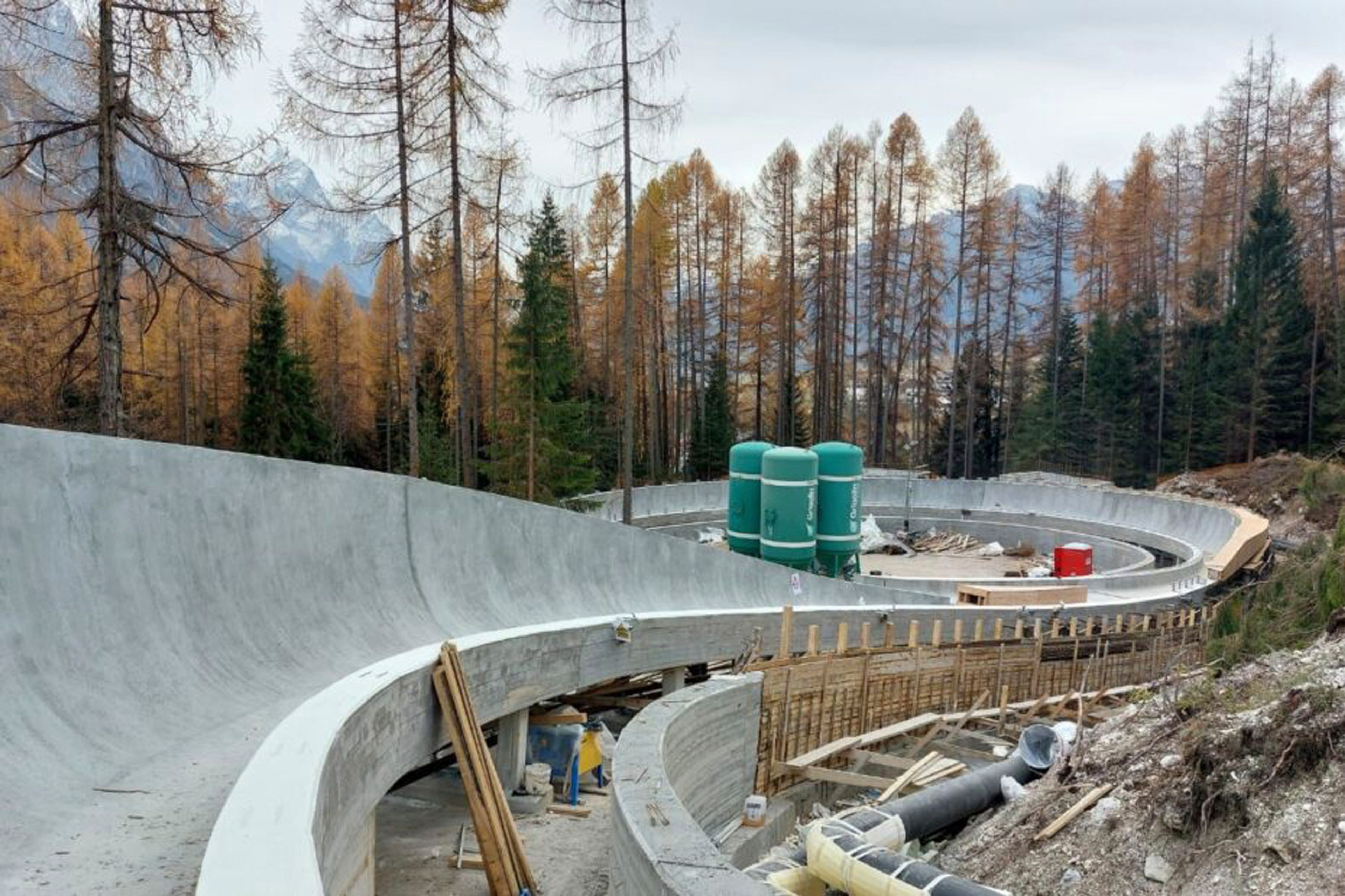 Construction works are underway at the sliding center for the 2026 Milan-Cortina Olympics in Cortina d'Ampezzo, Italy, Tuesday, Nov. 19, 2024. (Societa' Infrastrutture Milano Cortina via AP)