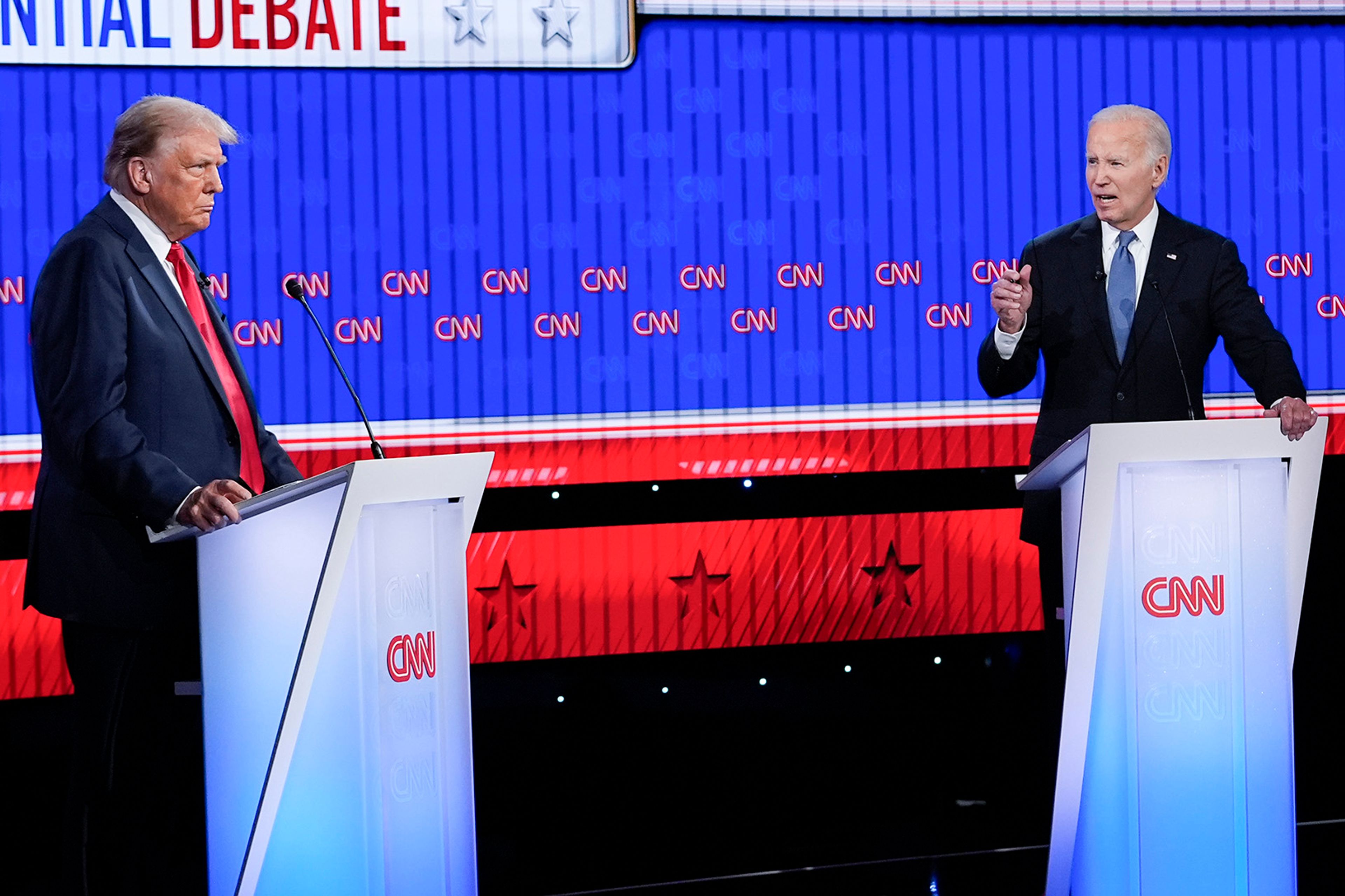 President Joe Biden, right, speaking during a presidential debate with Republican presidential candidate former President Donald Trump, left, Thursday, June 27, 2024, in Atlanta.