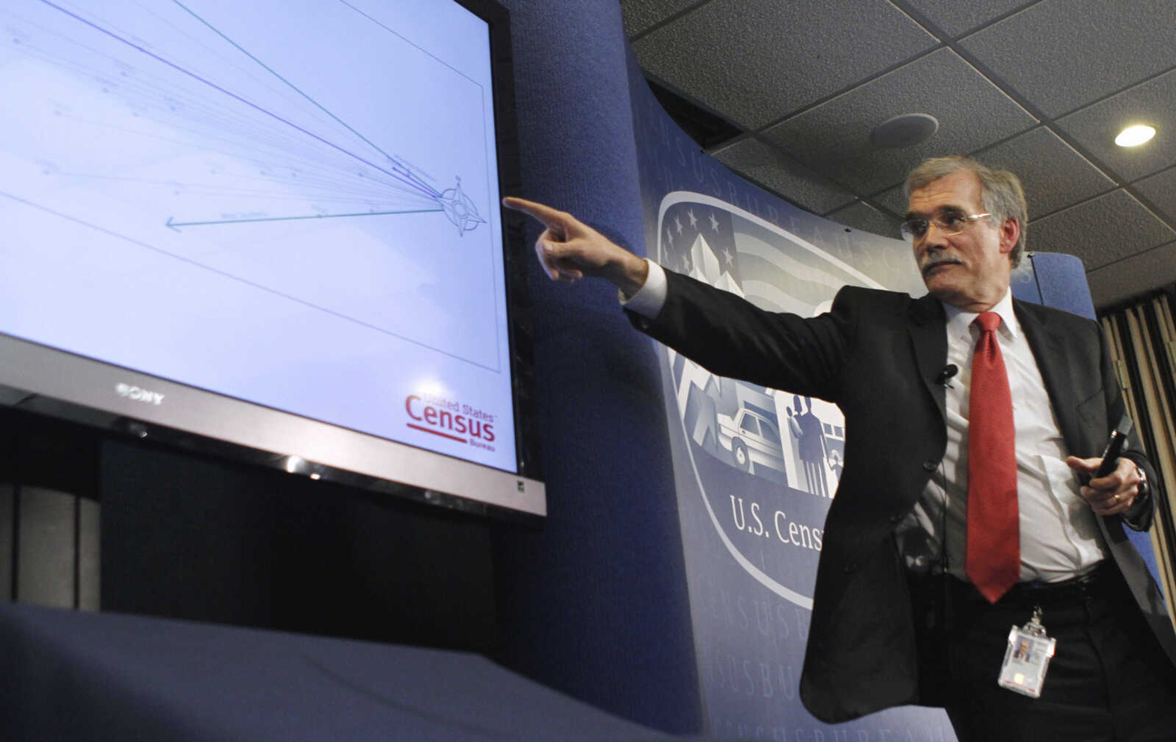 U.S. Census Bureau Director Robert M. Groves points to a chart detailing how the national mean center of population is determined, Thursday, March 24, 2011, during a news conference at the National Press Club in Washington. (AP Photo/Jacquelyn Martin)