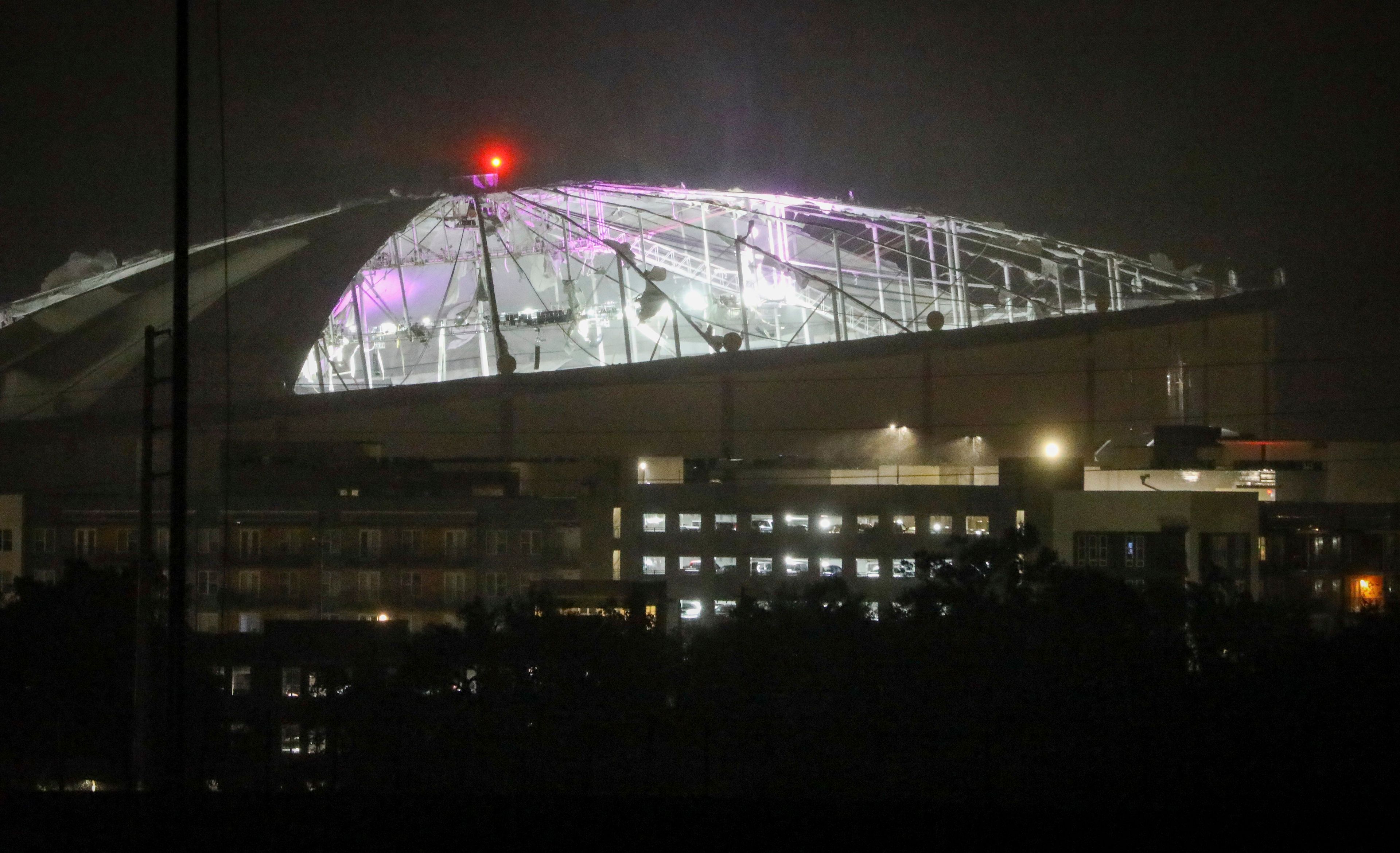 Milton destroys the roof of the Rays' stadium, littering the field below with debris