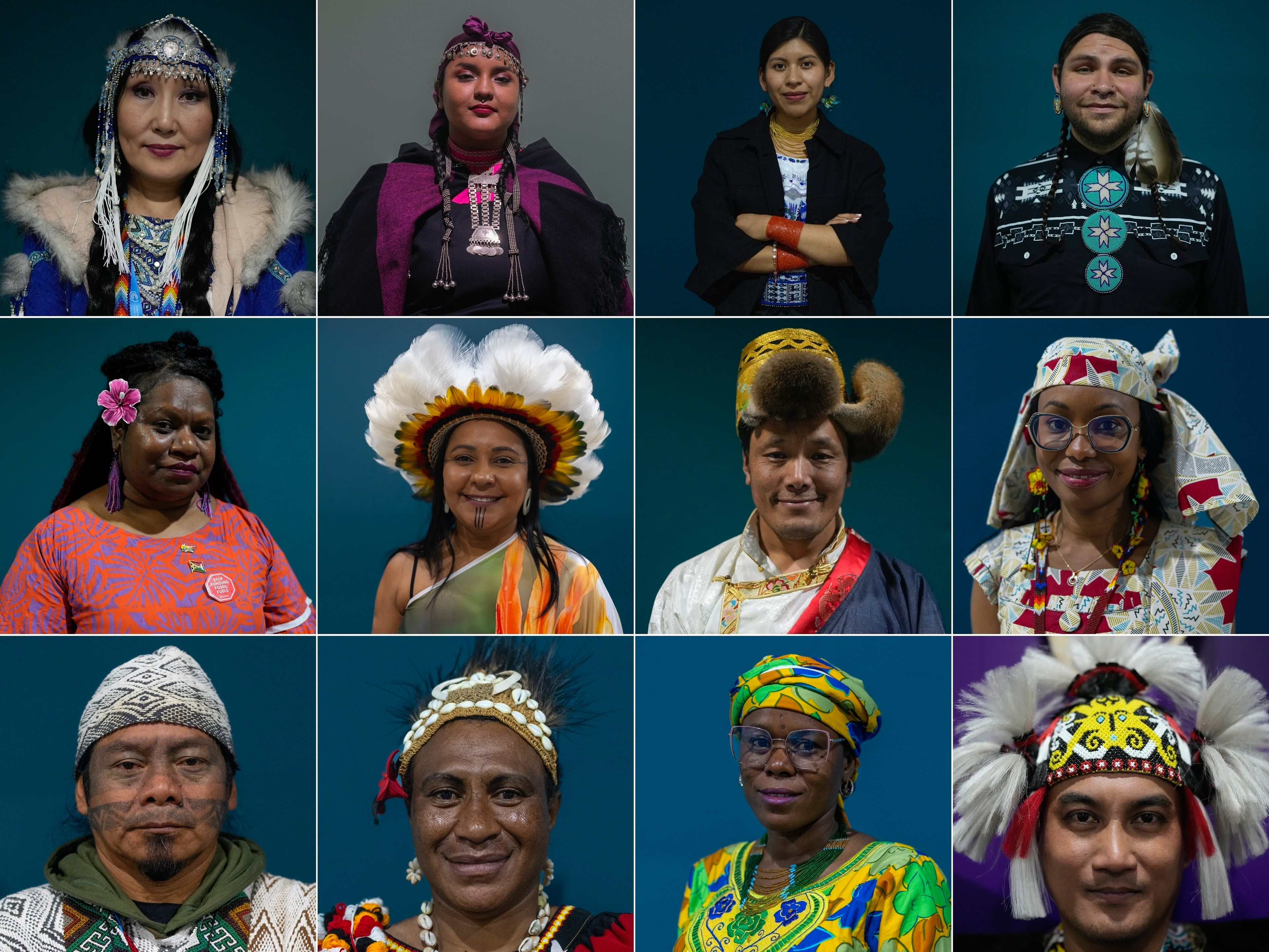 Members of various Indigenous communities pose for a photo while attending the COP29 U.N. Climate Summit in Baku, Azerbaijan. From top left, Saina Ekaterina Savvinova, 53, of Yakutsk, Russia, Antumalen Ayelen Antillanca Urrutia, 26, of Huapi Island, Chile, Sydney Males, 27, of Otavalo, Ecuador, Big Wind Carpenter, 31, of Wind River Reservation, United States, Flora Vano, 39, of Port Vila, Vanuatu, Puyr dos Santos Tembe, 47, of Belem, Brazil, Mingma Chhiri, 40, of the Khumbu Pasanglhamu Municipality District, Nepal, Hindou Oumarou Ibrahim, 41, of N'Djamena, Chad, Ninawa Inu Pereira Nunes, 50, of Feijo, Brazil, Marynne Rimbao, 42, of Unda village, Papua New Guinea, Didja Tchari Djibrillah, 30, of the Mayo-Kebbi East, Chad, and Jackson Michael, 40, of the Borneo, Malaysia. (AP Photo/Rafiq Maqbool)