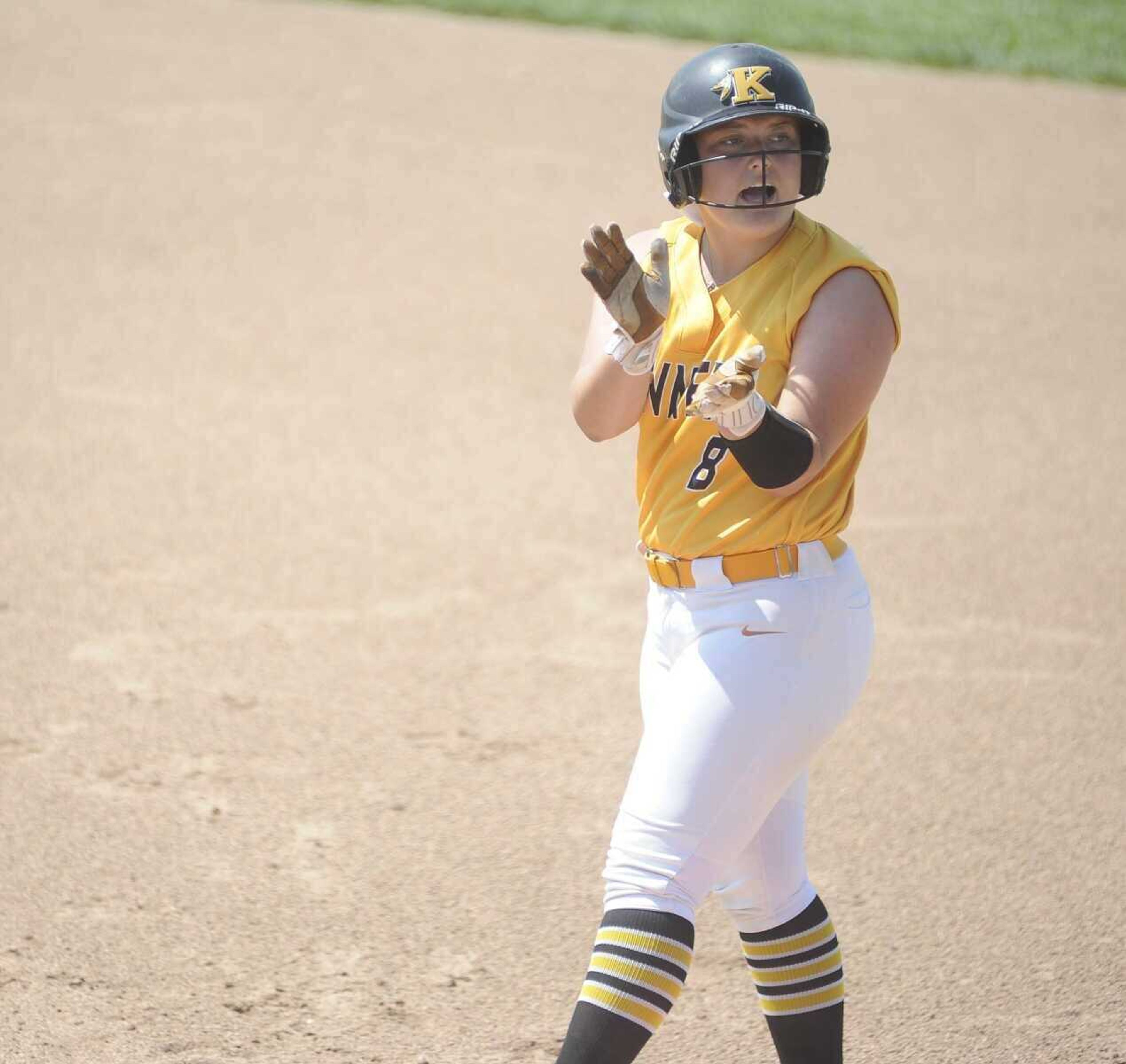 Kennet Lady Indian Hadley Wilson encourages her teammates at state. Wilson signed a national letter of intent to play for Missouri State University at West Plains.