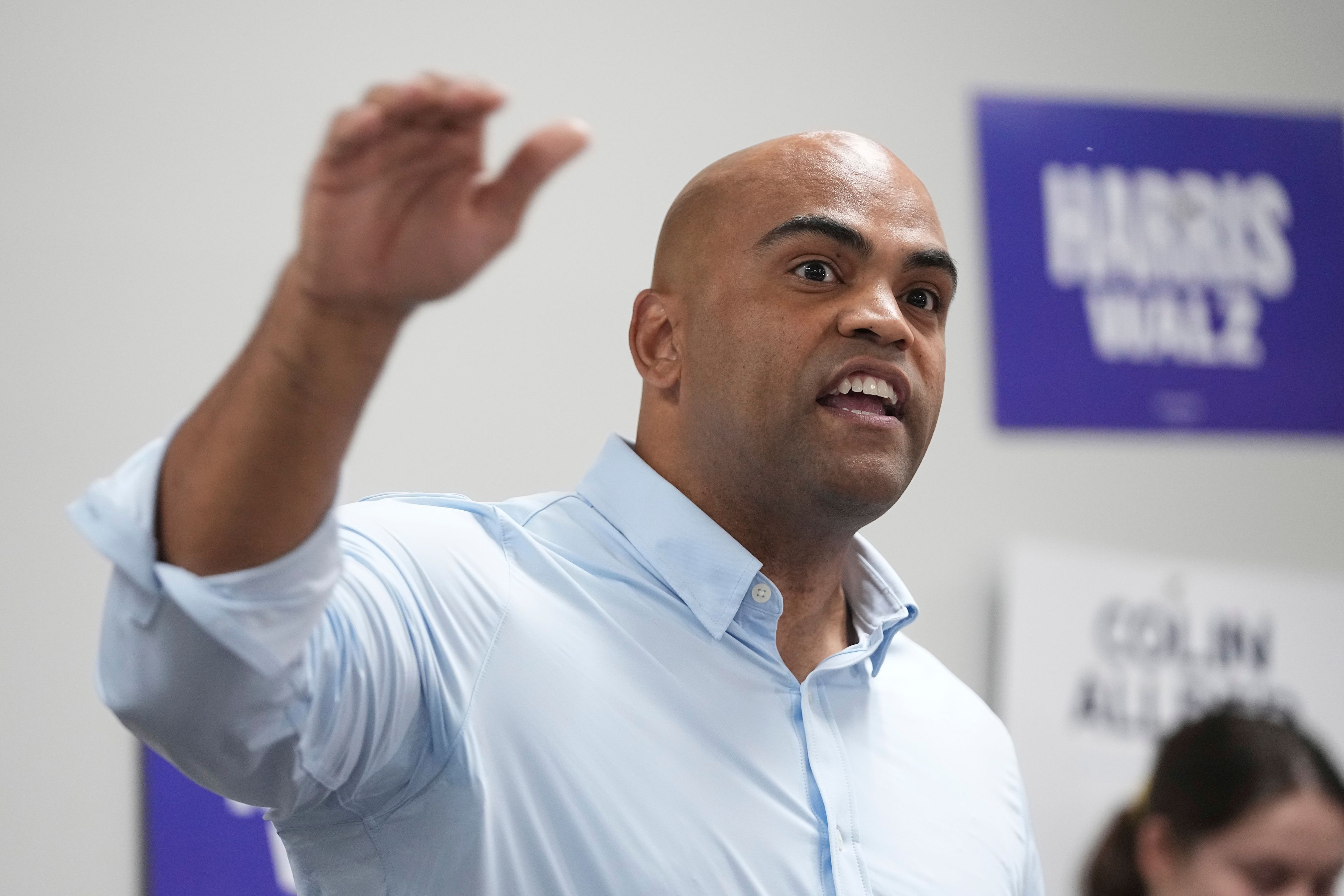 Texas Democratic Senate candidate Rep. Colin Allred speaks to supporters at a phone bank in Dallas, Tuesday, Nov. 5, 2024. (AP Photo/Tony Gutierrez)