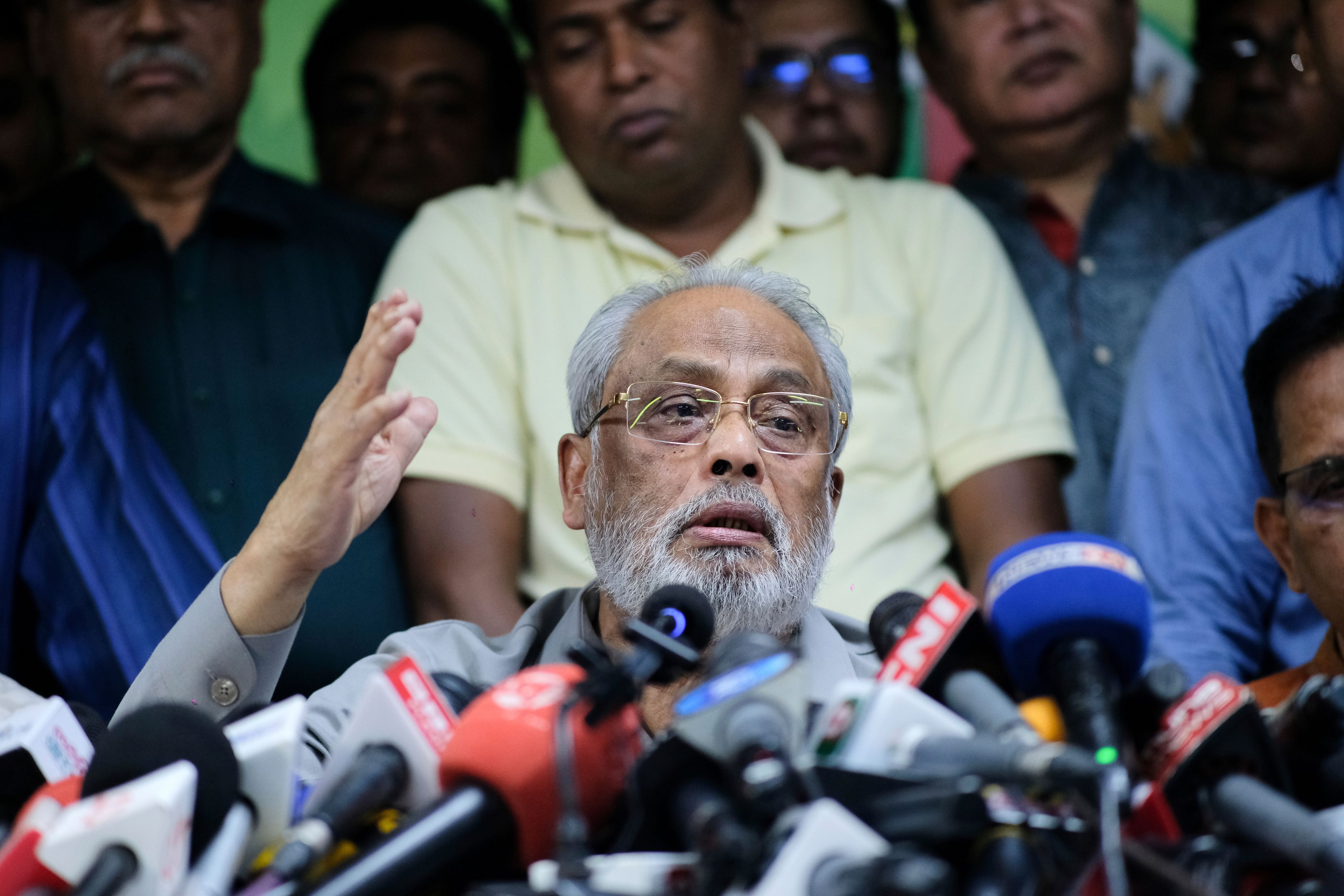 GM Quader, chairperson of the Jatiya Party, that supports the country's ousted leader Sheikh Hasina, speaks to the media in Dhaka, Bangladesh, Friday, Nov. 1, 2024. (AP Photo/Mahmud Hossain Opu)