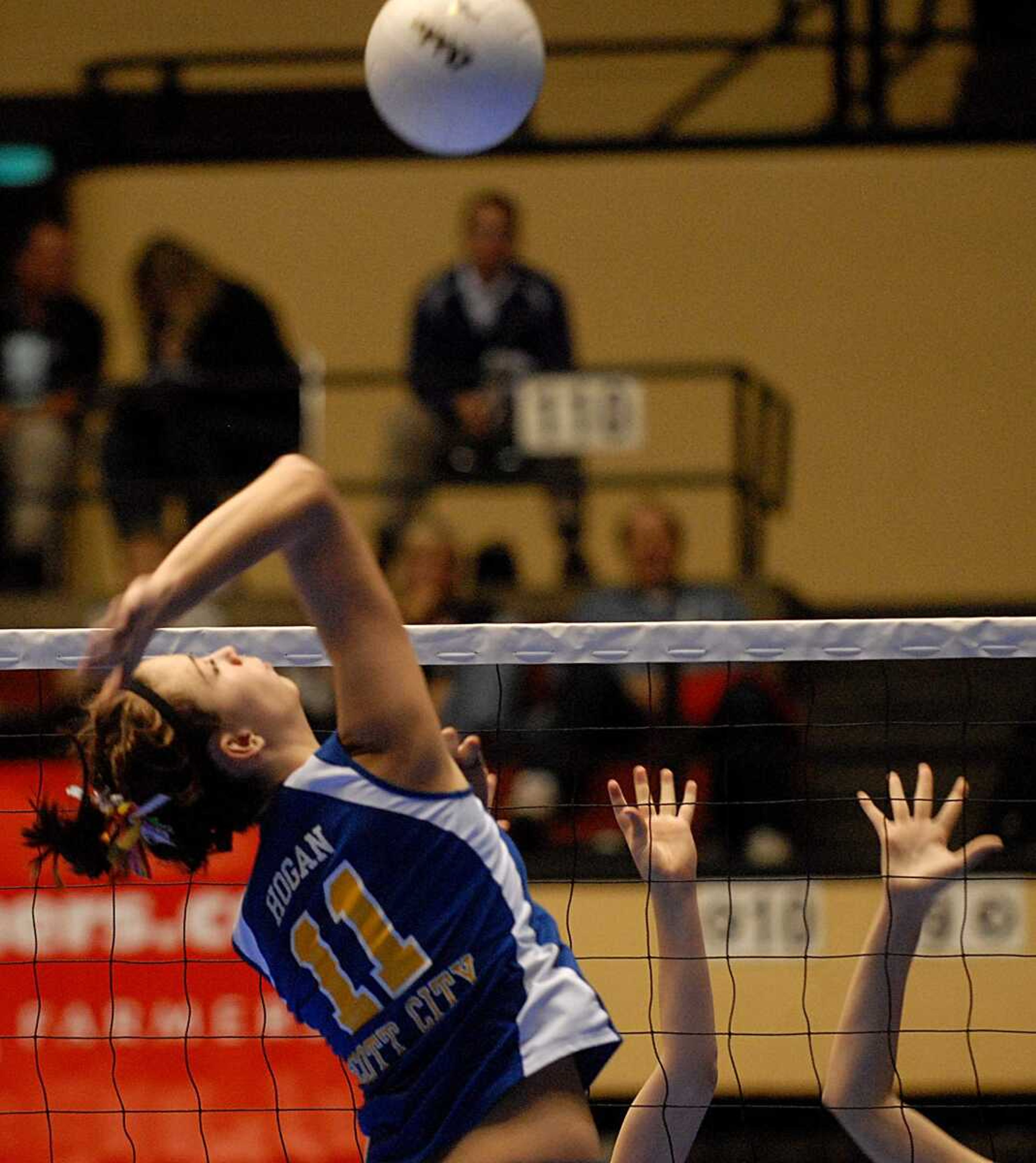 AARON EISENHAUER ~ aeisenhauer@semissourian.com
Scott City's Katie Hogan leaps up to drive the ball over the net.