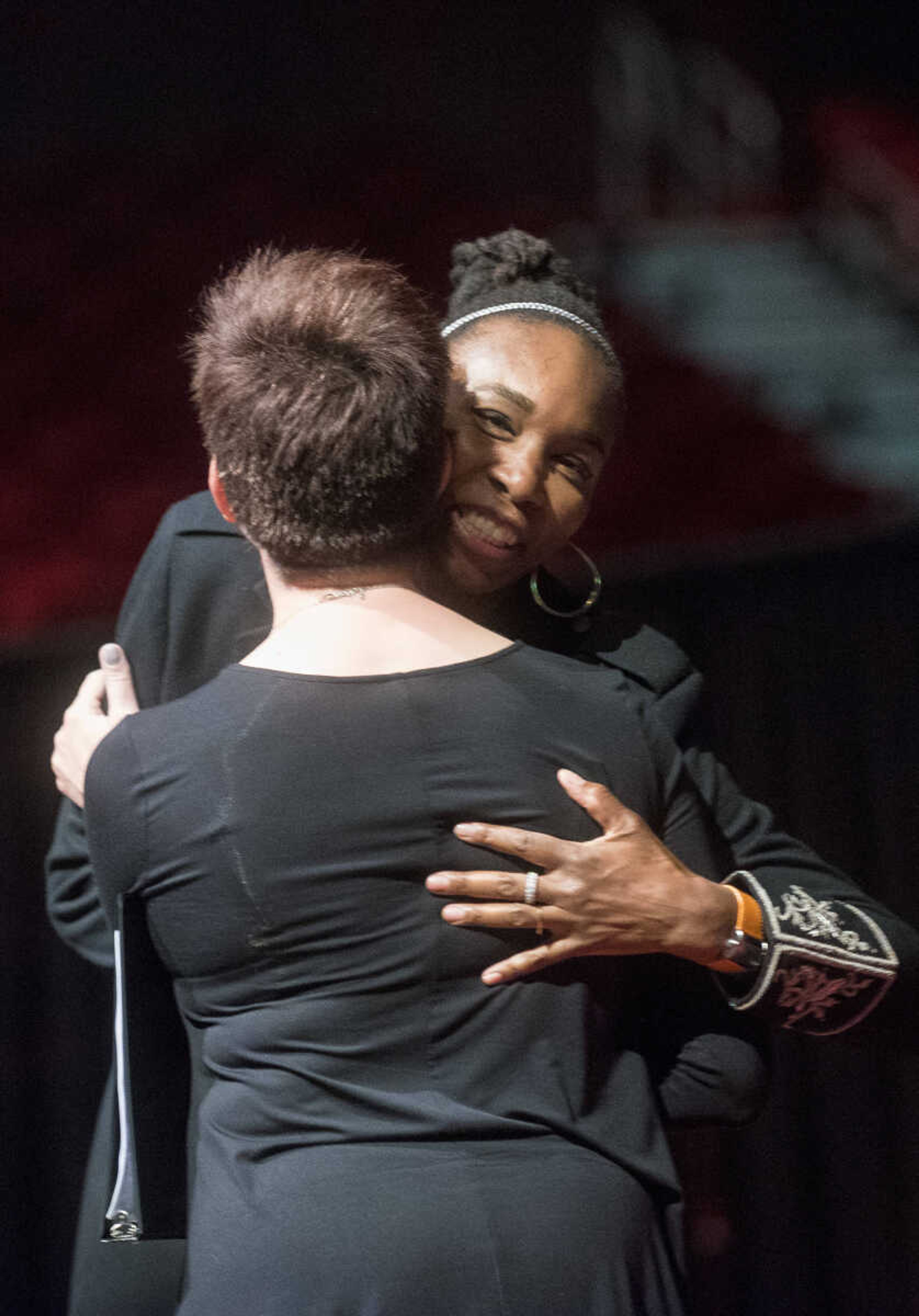 Venus Williams hugs Brooke Clubbs, Instructor and Director of Health Communication at Southeast Missouri State University Thursday, Sept. 14, 2017 at the Show Me Center in Cape Girardeau.