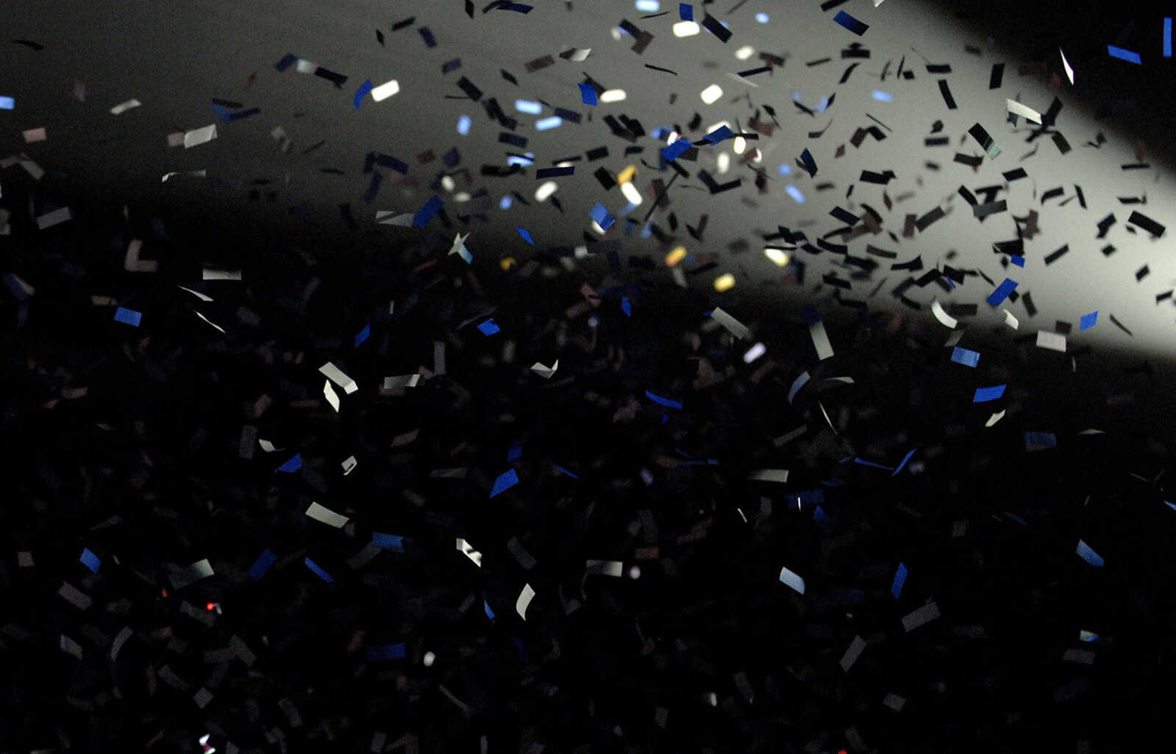 LAURA SIMON~lsimon@semissourian.com
Confetti falls through the air as MercyMe peform Friday, January 28, 2011 during the Rock and Worship Roadshow 2011 tour at the Show Me Center in Cape Girardeau.