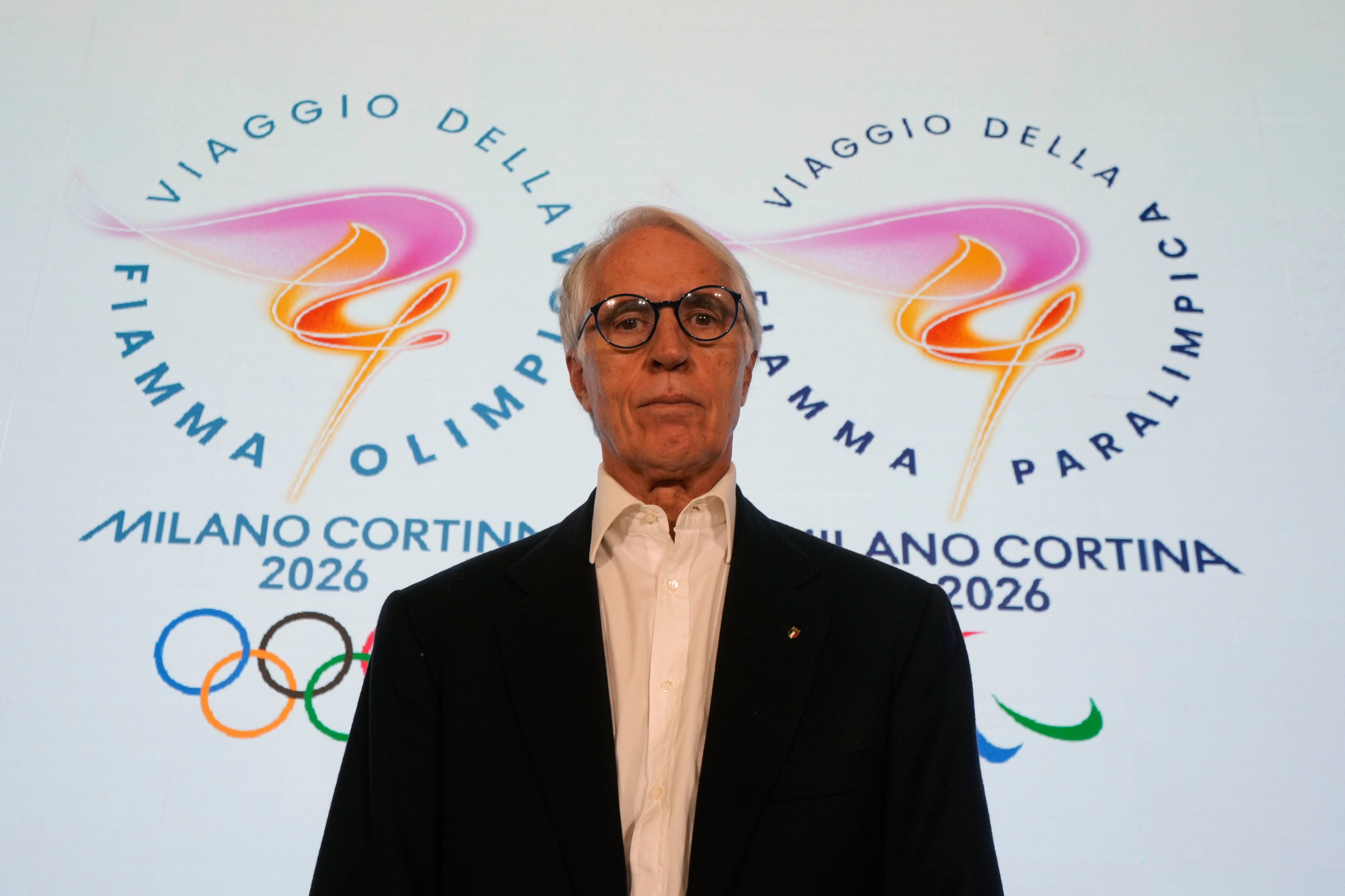 President of the Italian National Olympic Committee, Giovanni Malago' poses after a news conference to present the route of the 2026 Winter Olympics and Paralympics torch route, in Verona, Italy, Tuesday, Nov. 26, 2024. (AP Photo/Luca Bruno)