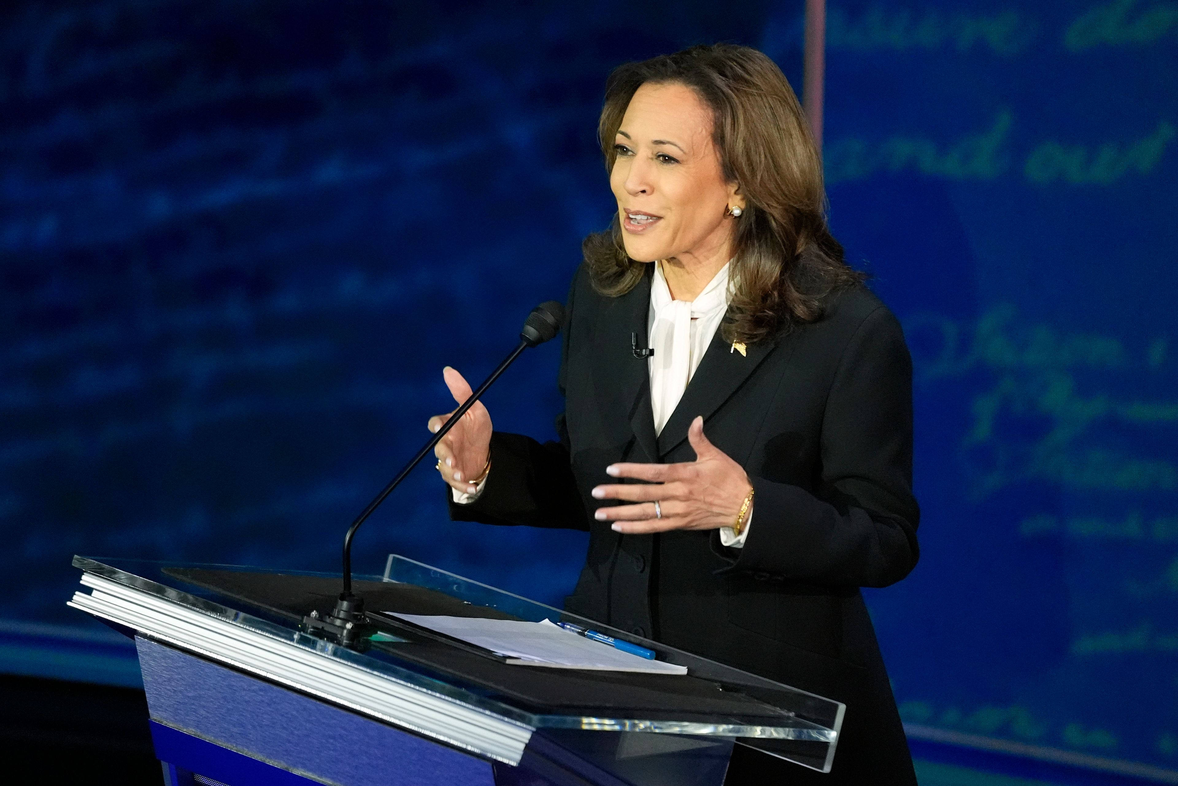 Democratic presidential nominee Vice President Kamala Harris speaks during a debate with Republican presidential nominee former President Donald Trump at the National Constitution Center, Tuesday, Sept.10, 2024, in Philadelphia. (AP Photo/Alex Brandon)