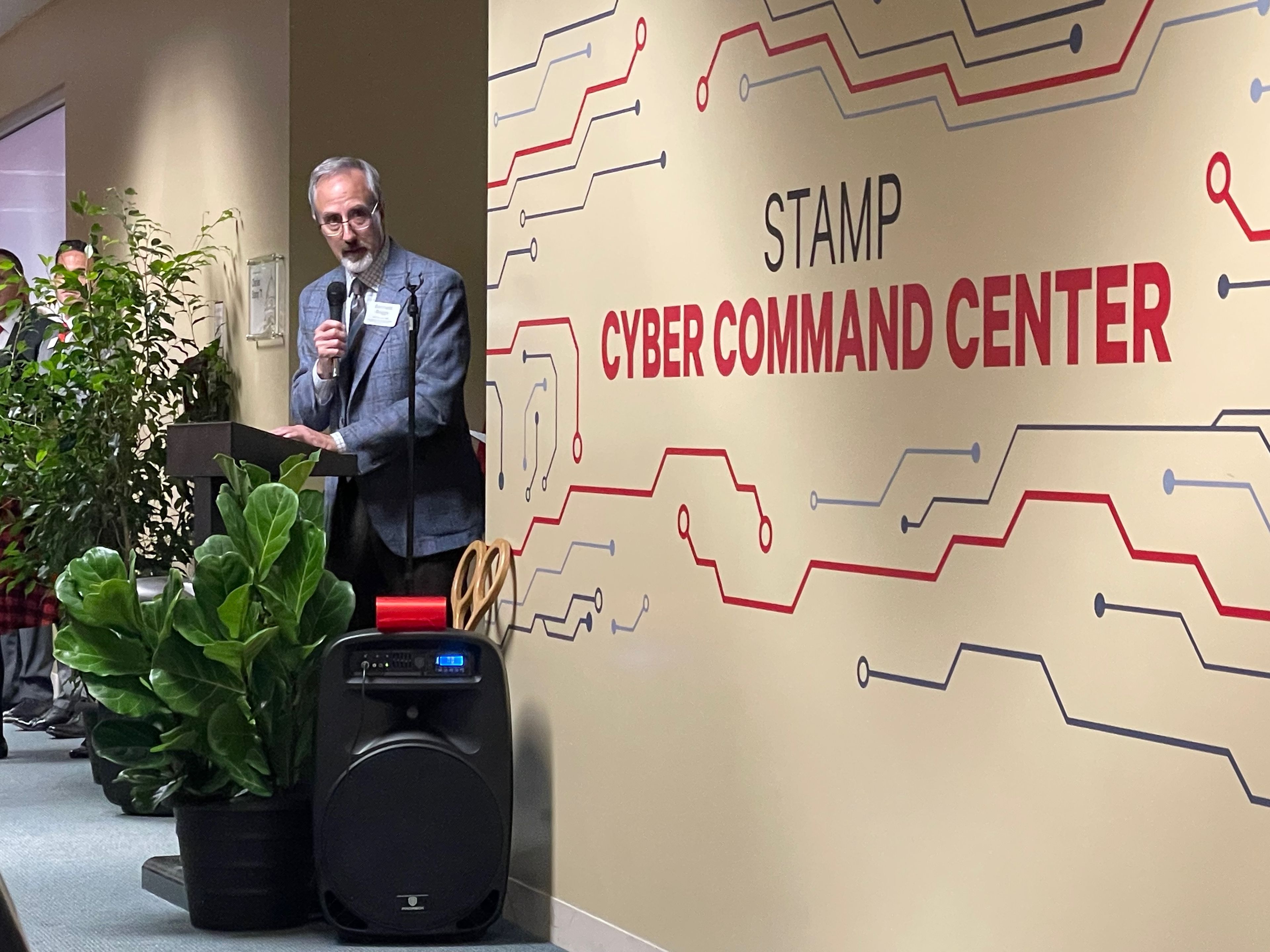 Dr. Bennett Boggs, commissioner of the Missouri Department of Higher Education & Workforce Development, addresses the crowd at the official ribbon cutting of the Stamp Cyber Command Center Oct. 25, 2024, at Southeast Missouri State University.