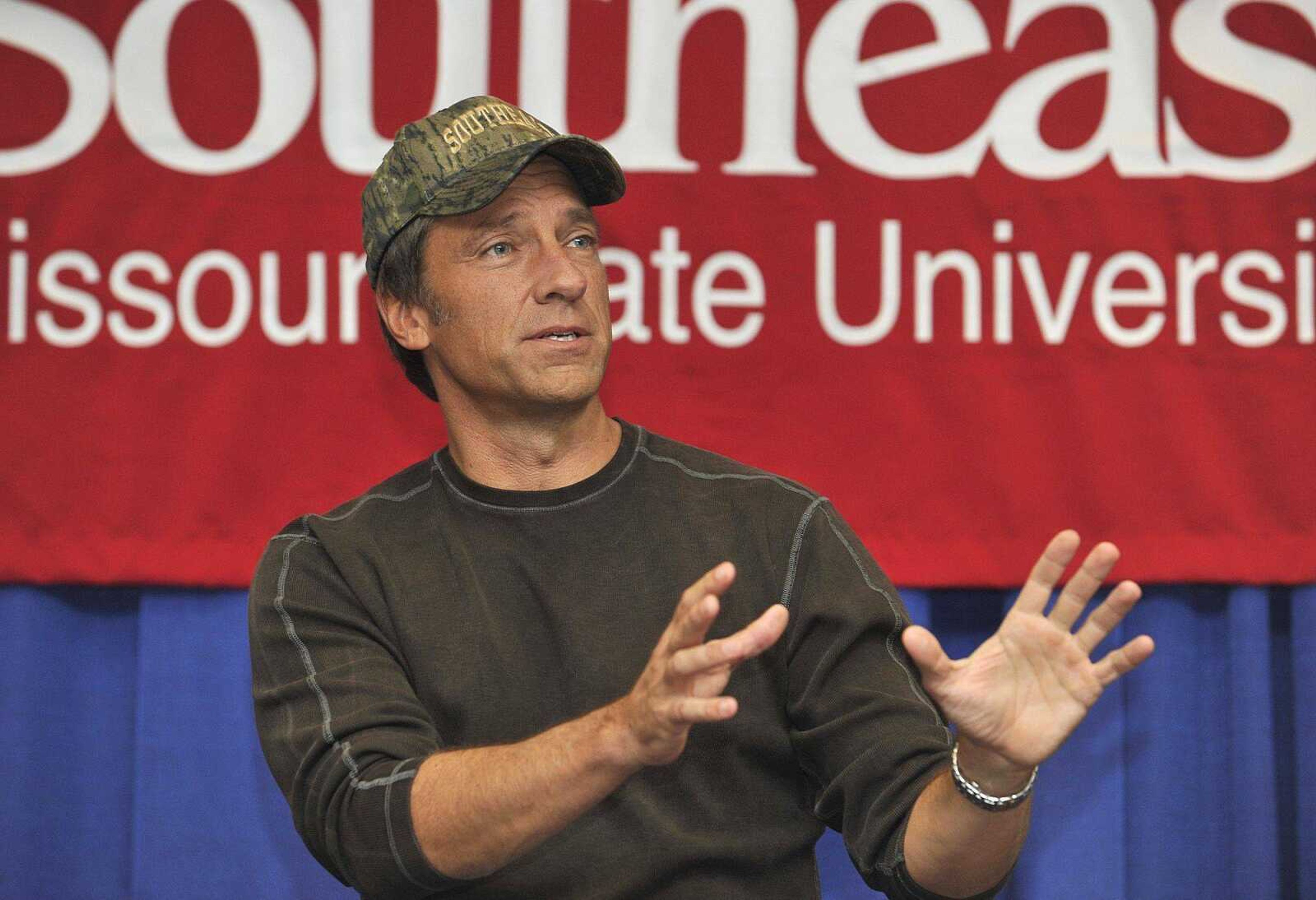 Mike Rowe discusses his Discovery Channel show, Dirty Jobs, at a news conference prior to his appearance Wednesday night at the Show Me Center. (Fred Lynch)