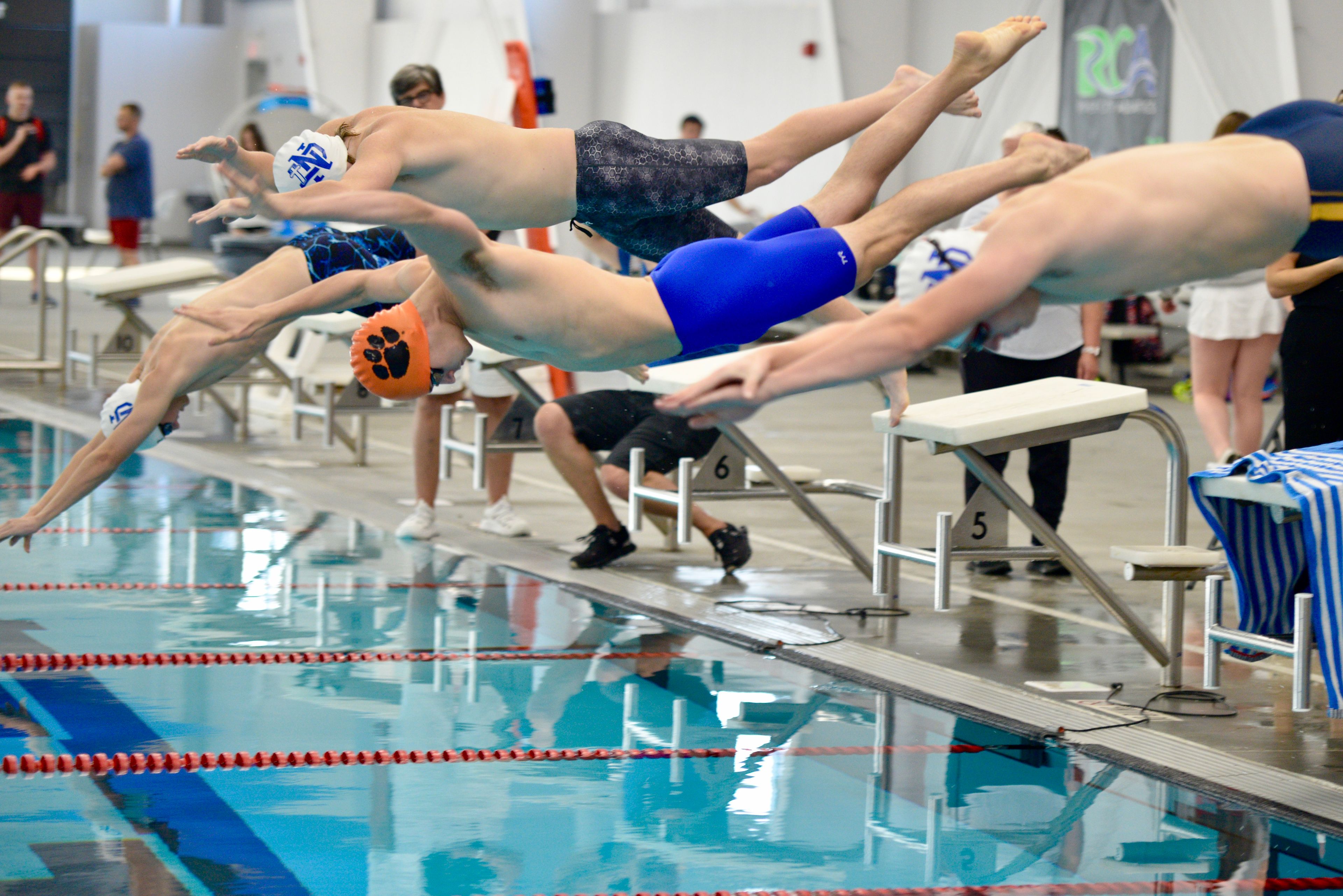 Cape Central’s Phineas Theall dives to start a race against Notre Dame on Tuesday, Oct. 29, at the Cape Aquatic Center.