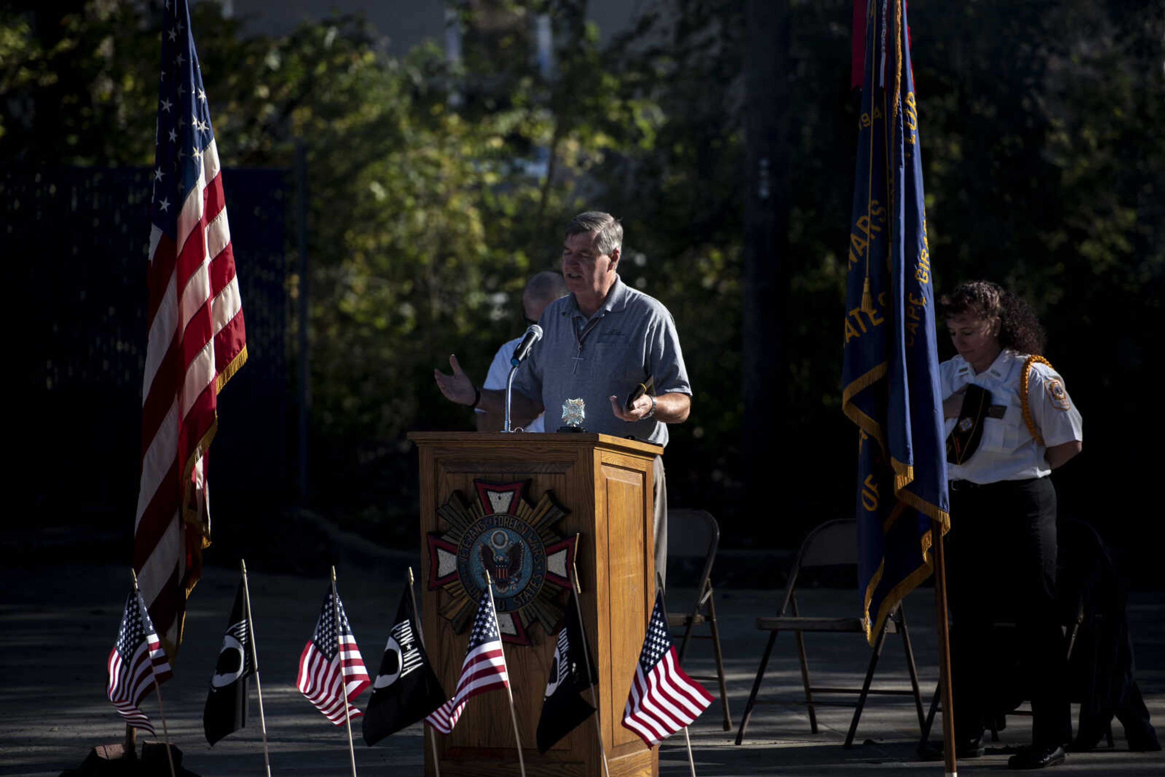 Rev. Roger Cary opens the inaugural flag retirement ceremony with prayer at VFW Post 3838 Sunday, Oct. 21, 2018, in Cape Girardeau.