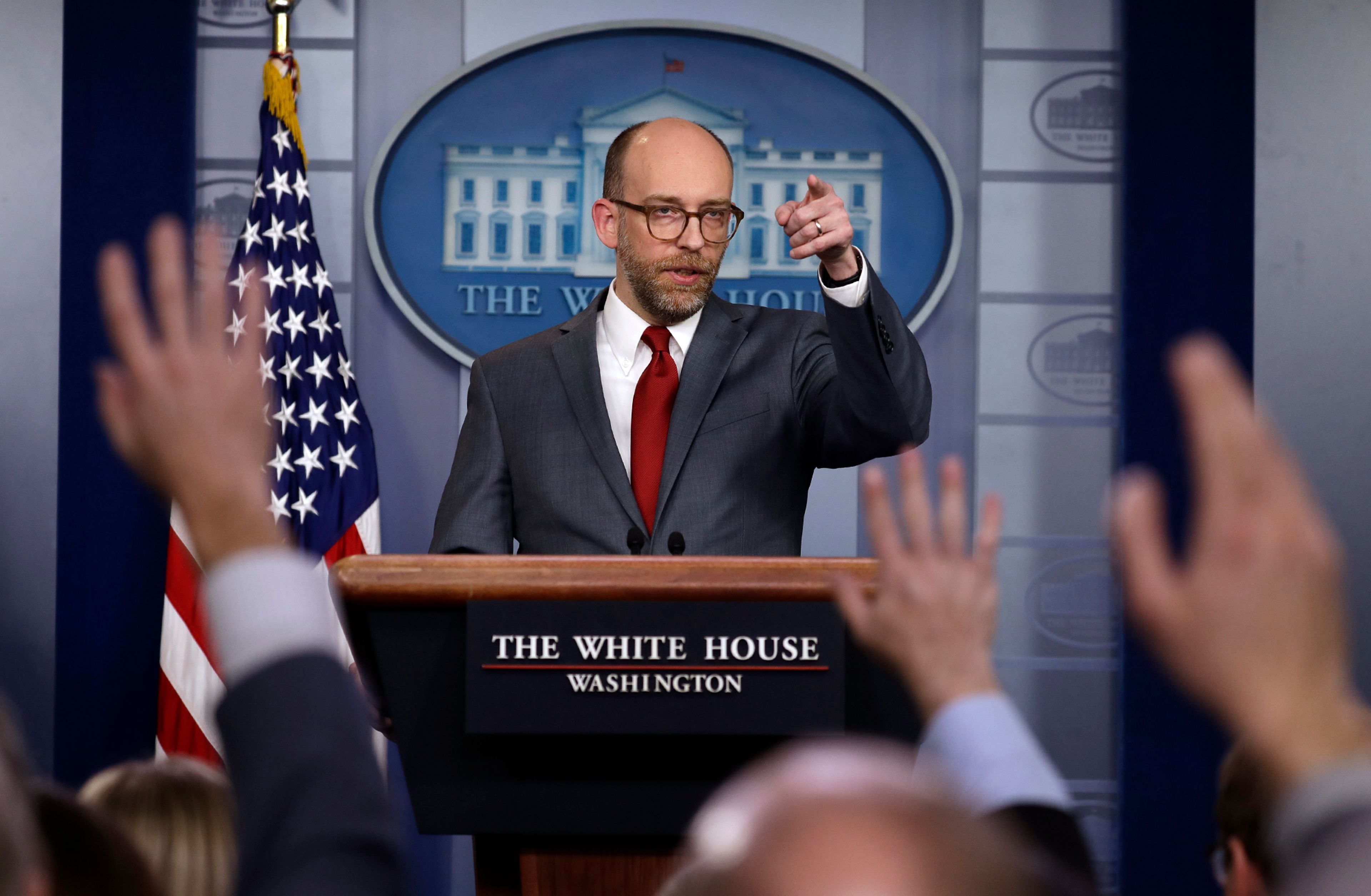 FILE - Acting OMB Director Russel Vought speaks during a press briefing at the White House, March 11, 2019, in Washington. (AP Photo/ Evan Vucci, File)