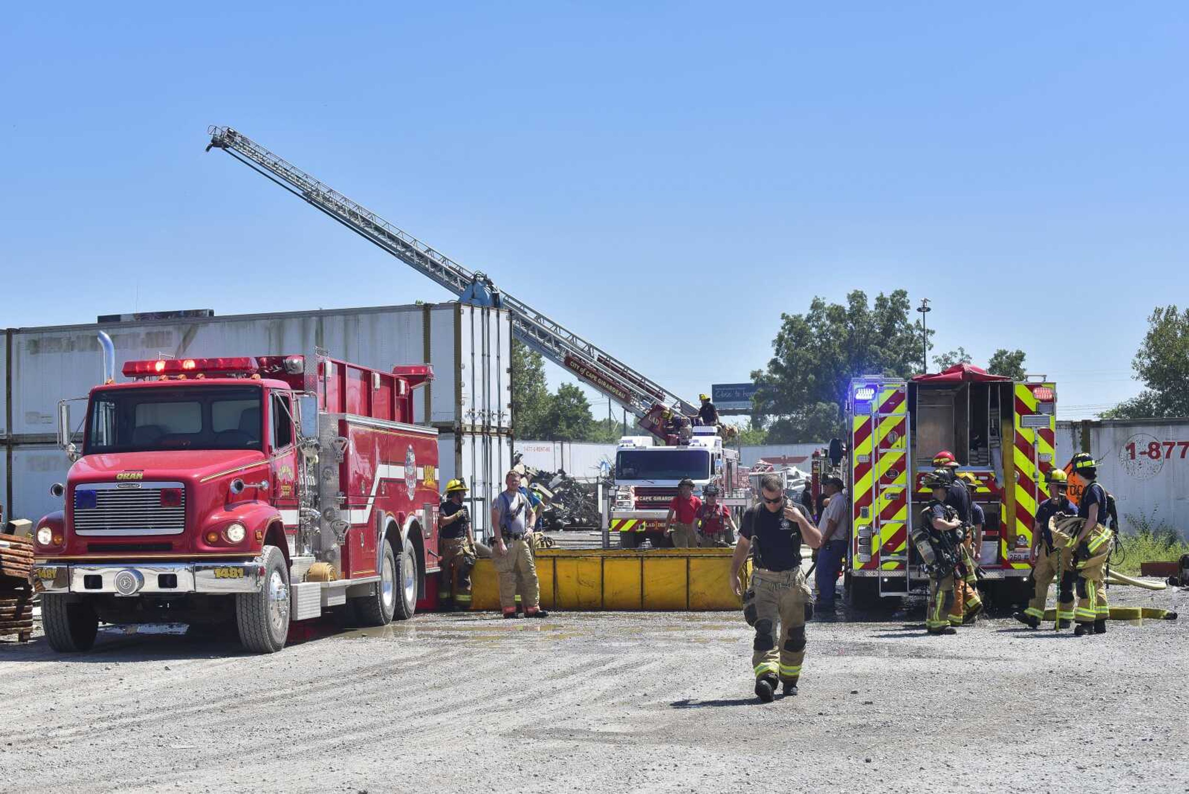 Cape Girardeau County area fire departments respond to a fire Thursday at Cape Metal Recycling Thursday.