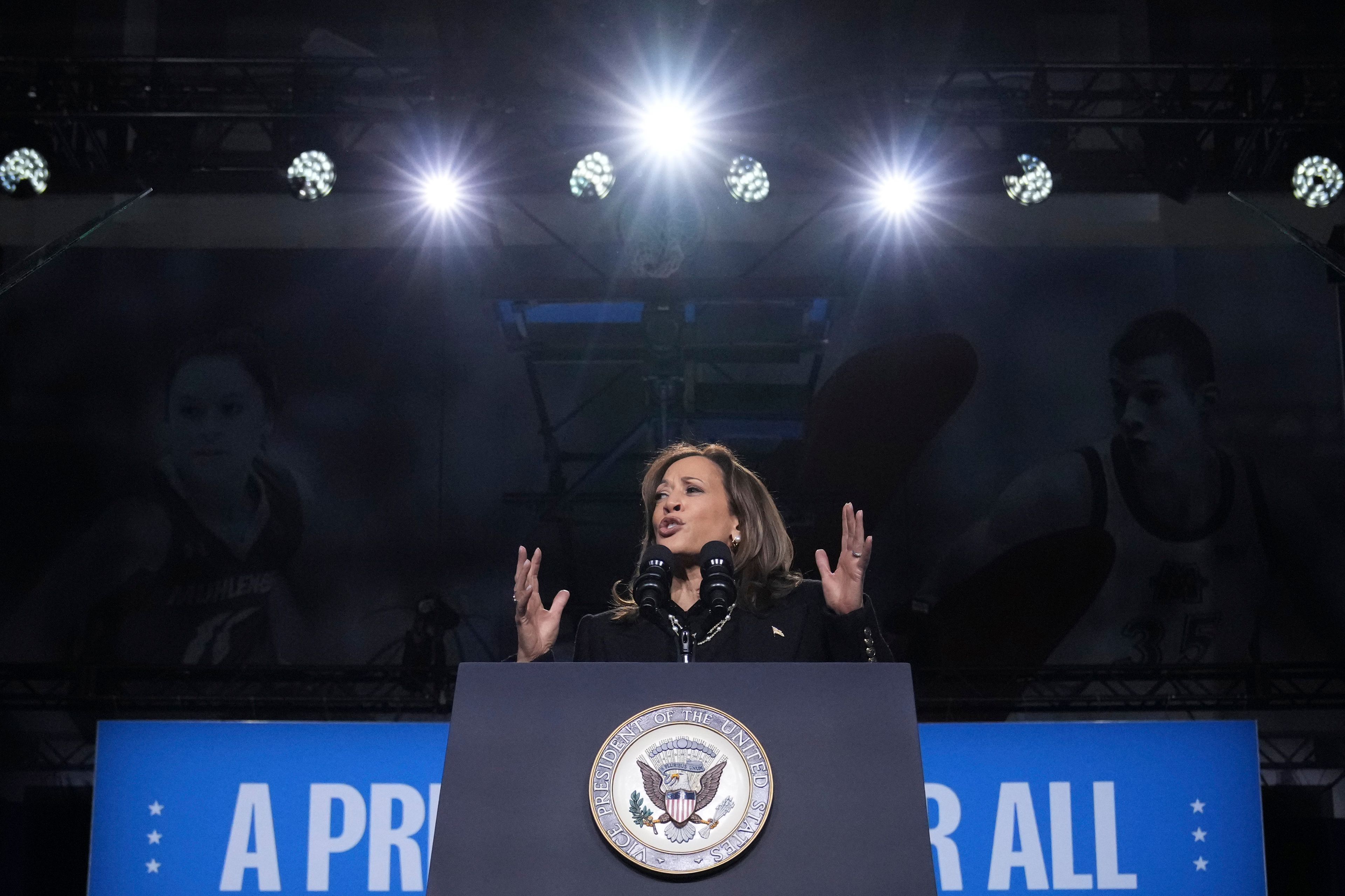 Democratic presidential nominee Vice President Kamala Harris speaks during a campaign rally in Memorial Hall at Muhlenberg College in Allentown, Pa., Monday, Nov. 4, 2024. (AP Photo/Jacquelyn Martin)