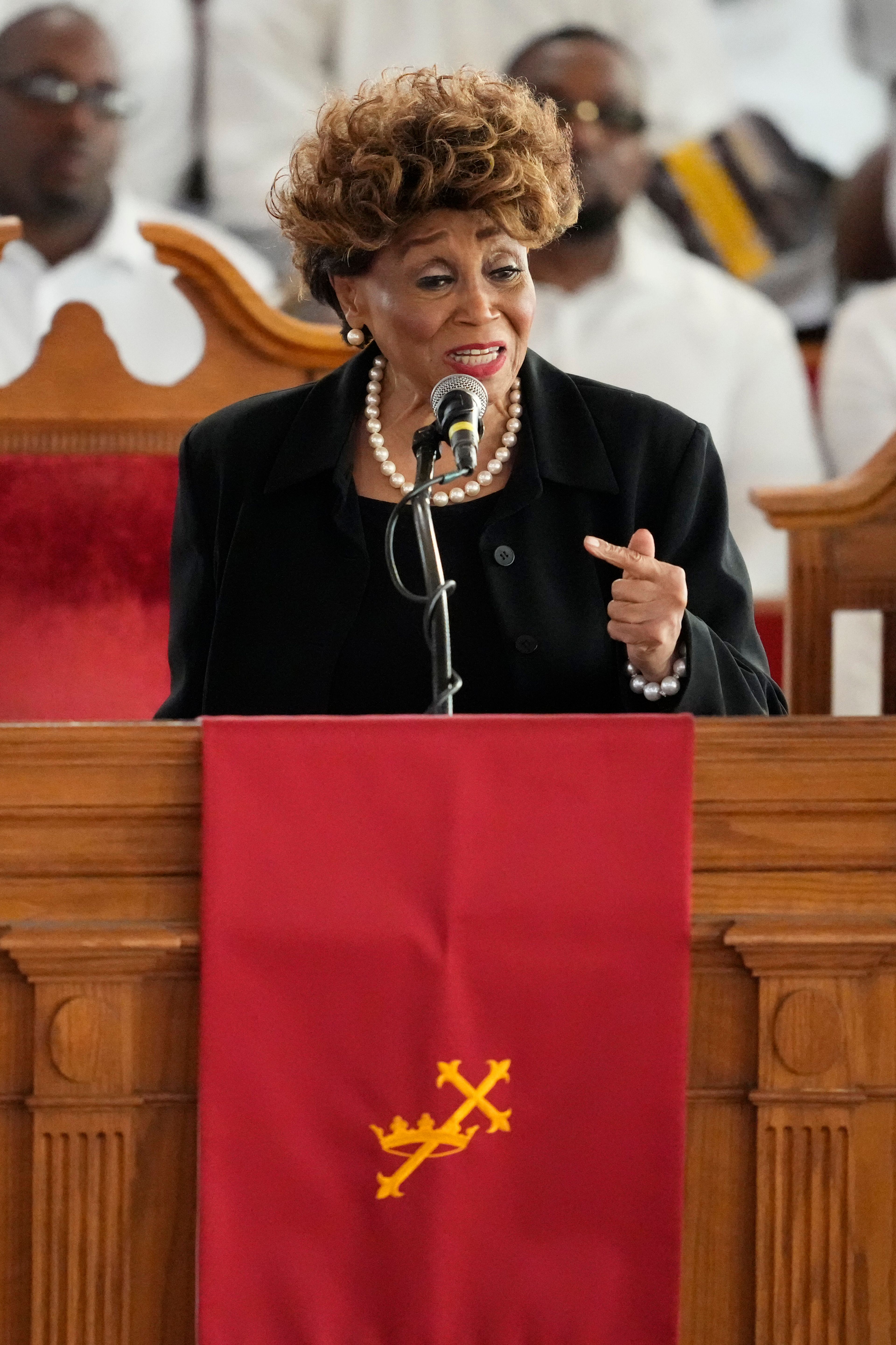 Vy Higginsen speaks during a ceremony celebrating the life of Cissy Houston on Thursday, Oct. 17, 2024, at the New Hope Baptist Church in Newark, N.J. (Photo by Charles Sykes/Invision/AP)