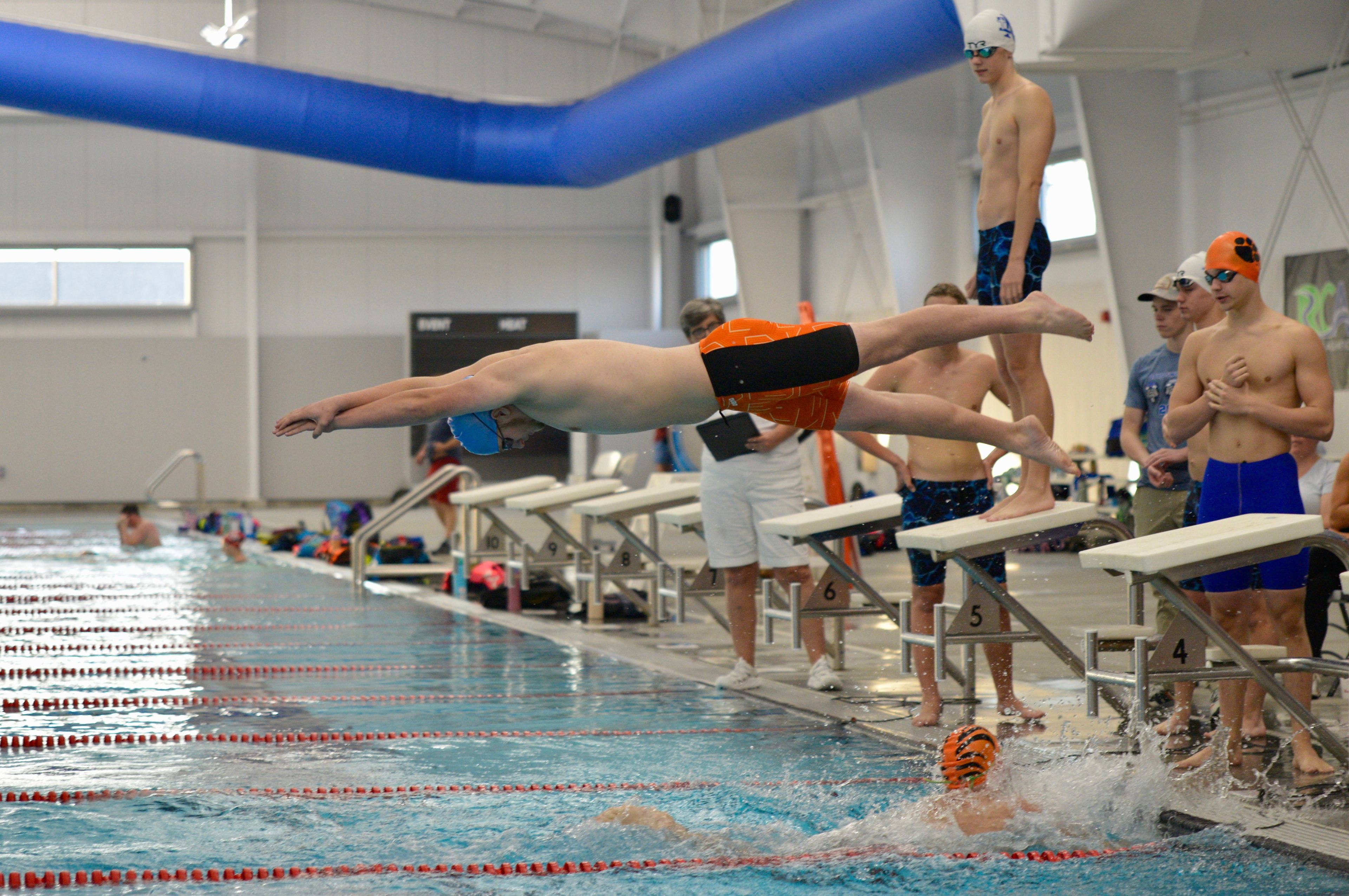 Cape Central’s Will Lawrence dives during a relay against Notre Dame on Tuesday, Oct. 29, at the Cape Aquatic Center.