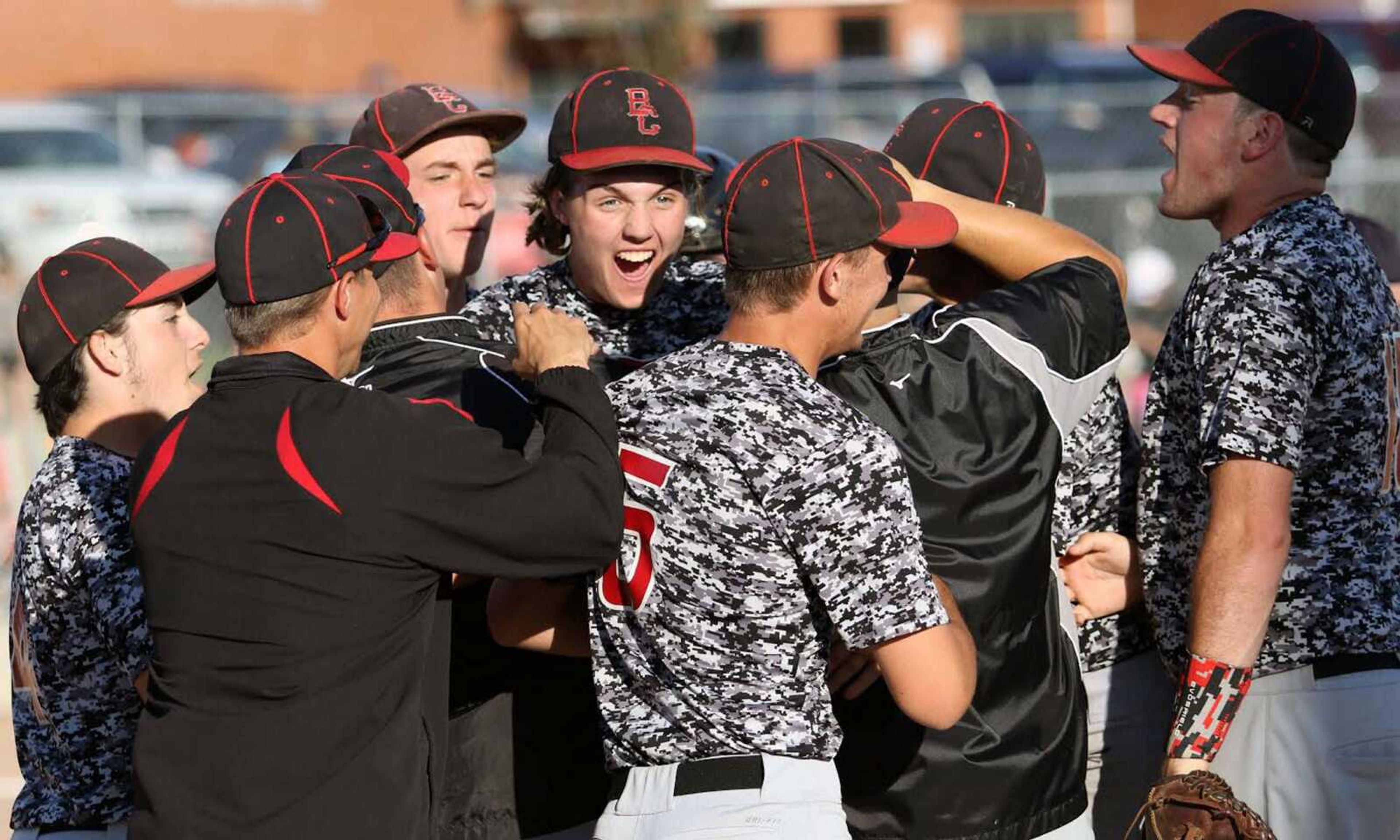 Bell City players celebrate with starting pitcher Austin Hicks after Hicks threw a complete-game no-hitter in the Cubs' 3-0, nine-inning victory over Bismarck in a Class 1 quarterfinal Wednesday in Bismarck, Missouri.