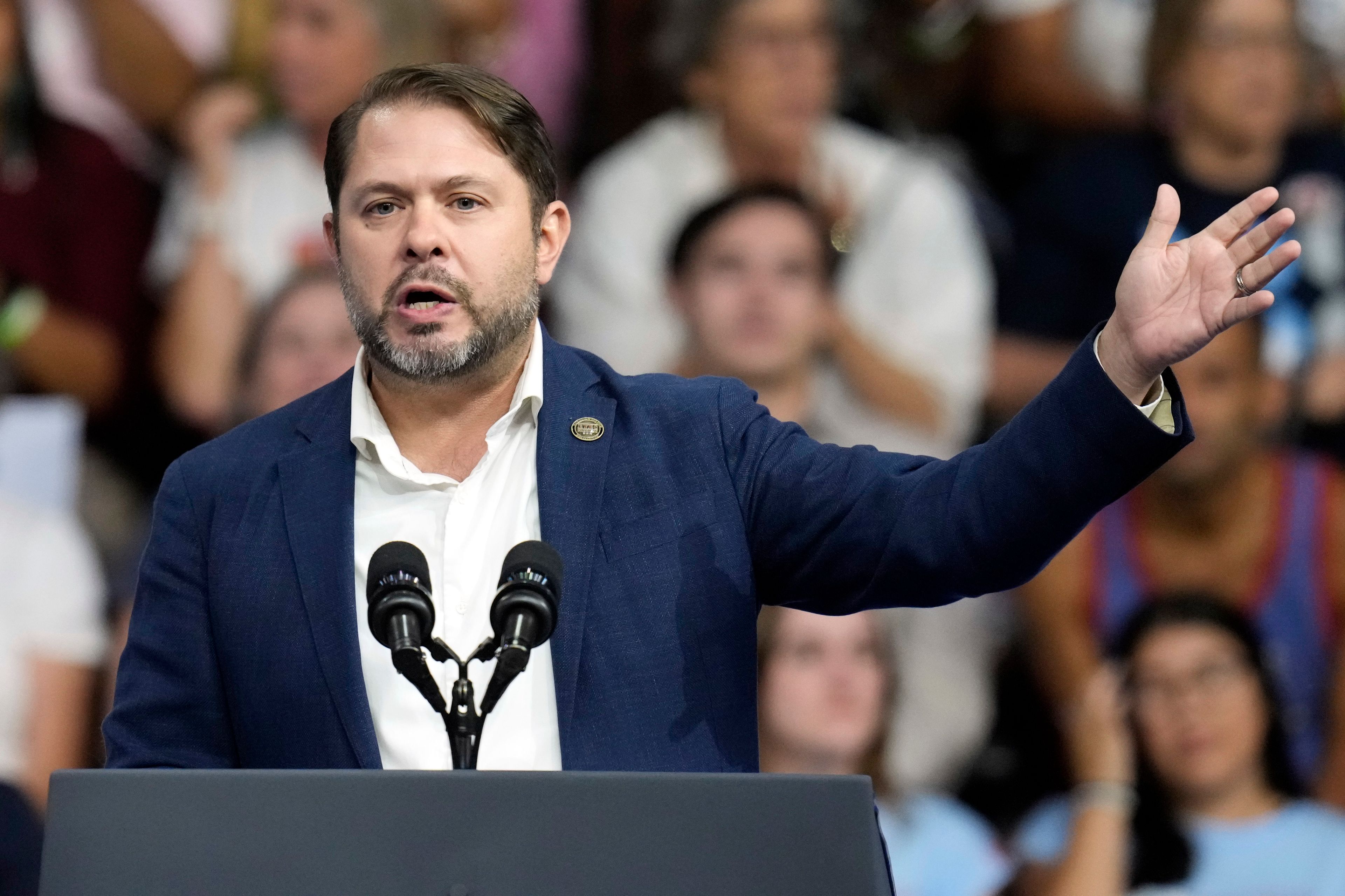 FILE - Rep. Ruben Gallego, D-Ariz., speaks before Democratic presidential nominee Vice President Kamala Harris and Democratic vice presidential nominee Minnesota Gov. Tim Walz at a campaign rally at Desert Diamond Arena, Aug. 9, 2024, in Glendale, Ariz. (AP Photo/Ross D. Franklin, File)