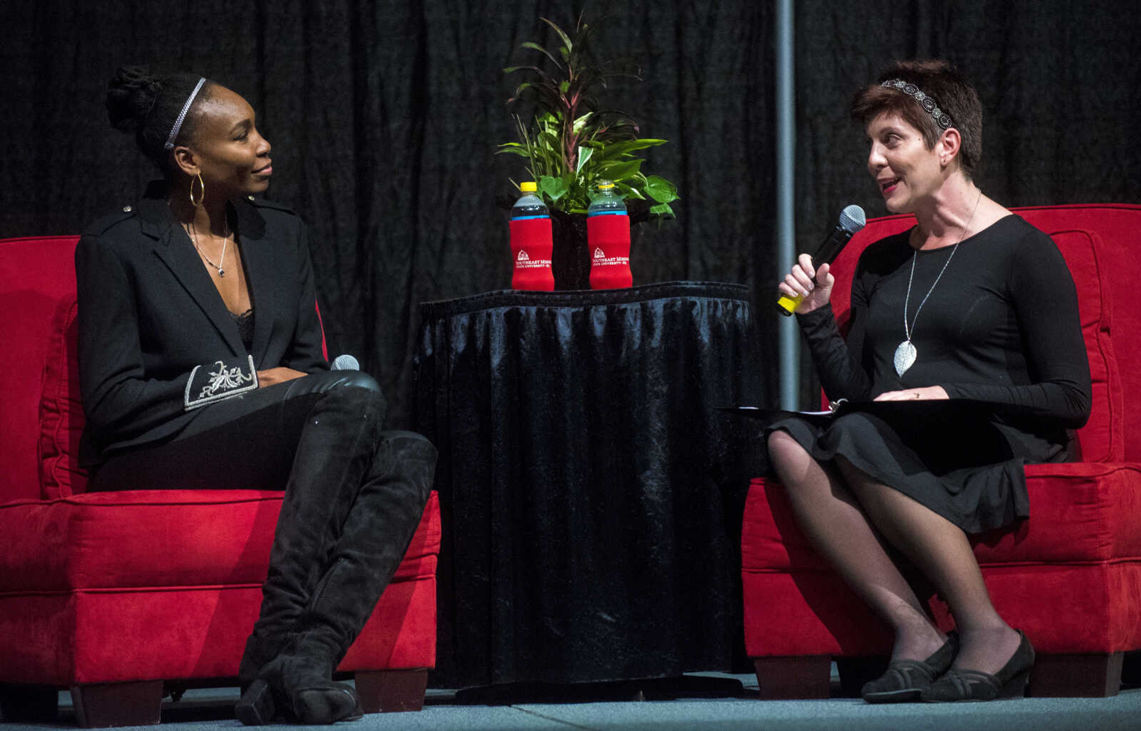 Venus Williams speaks during the Speakers Series interviewed by Brooke Clubbs, Instructor and Director of Health Communication at Southeast Missouri State University Thursday, Sept. 14, 2017 at the Show Me Center in Cape Girardeau.