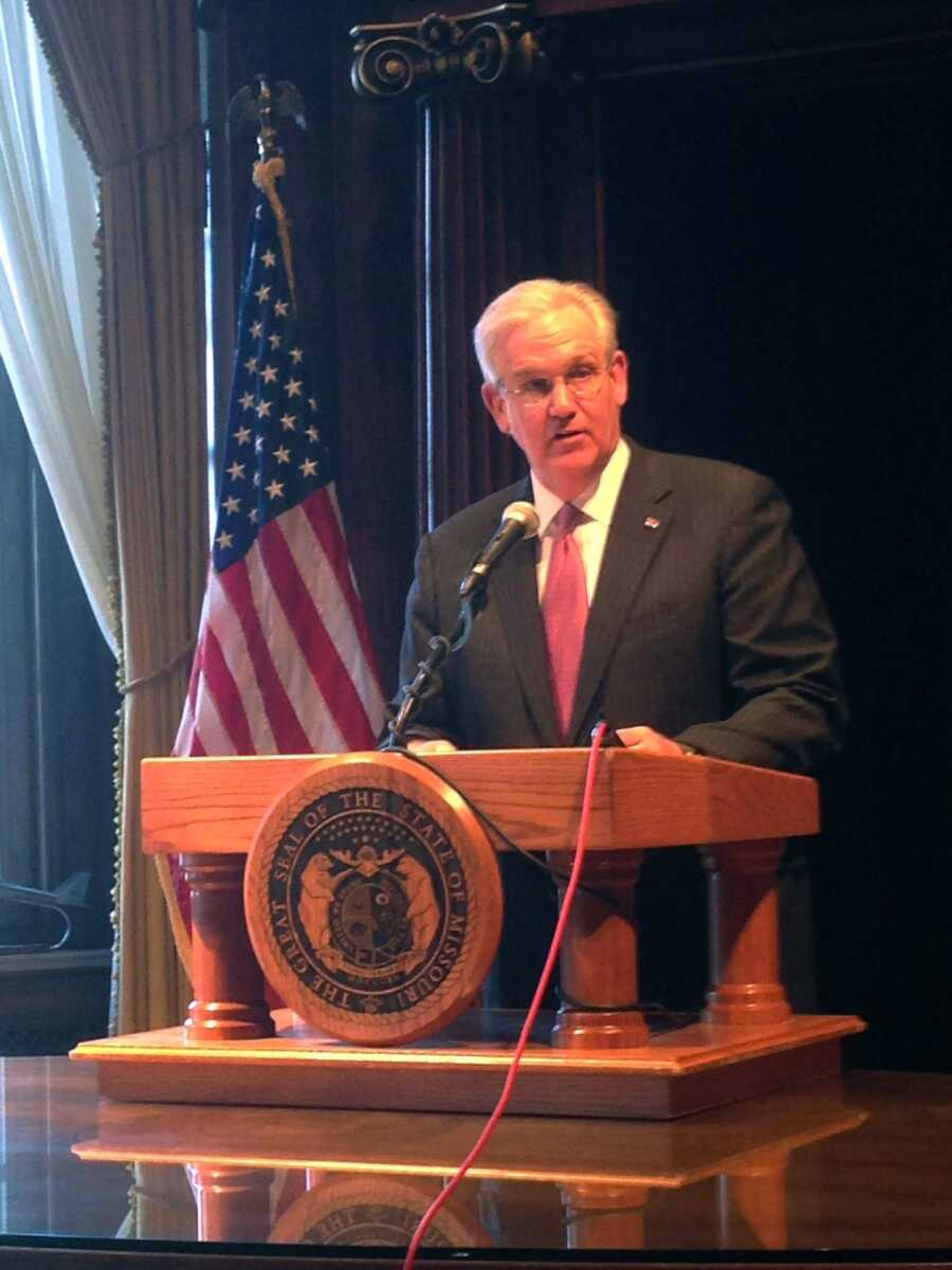 Democratic Missouri Gov. Jay Nixon indicated he is likely to veto an income tax cut for millions of individuals and thousands of business owners during a news conference at the state Capitol in Jefferson City, Mo. (AP Photo/Chris Blank)