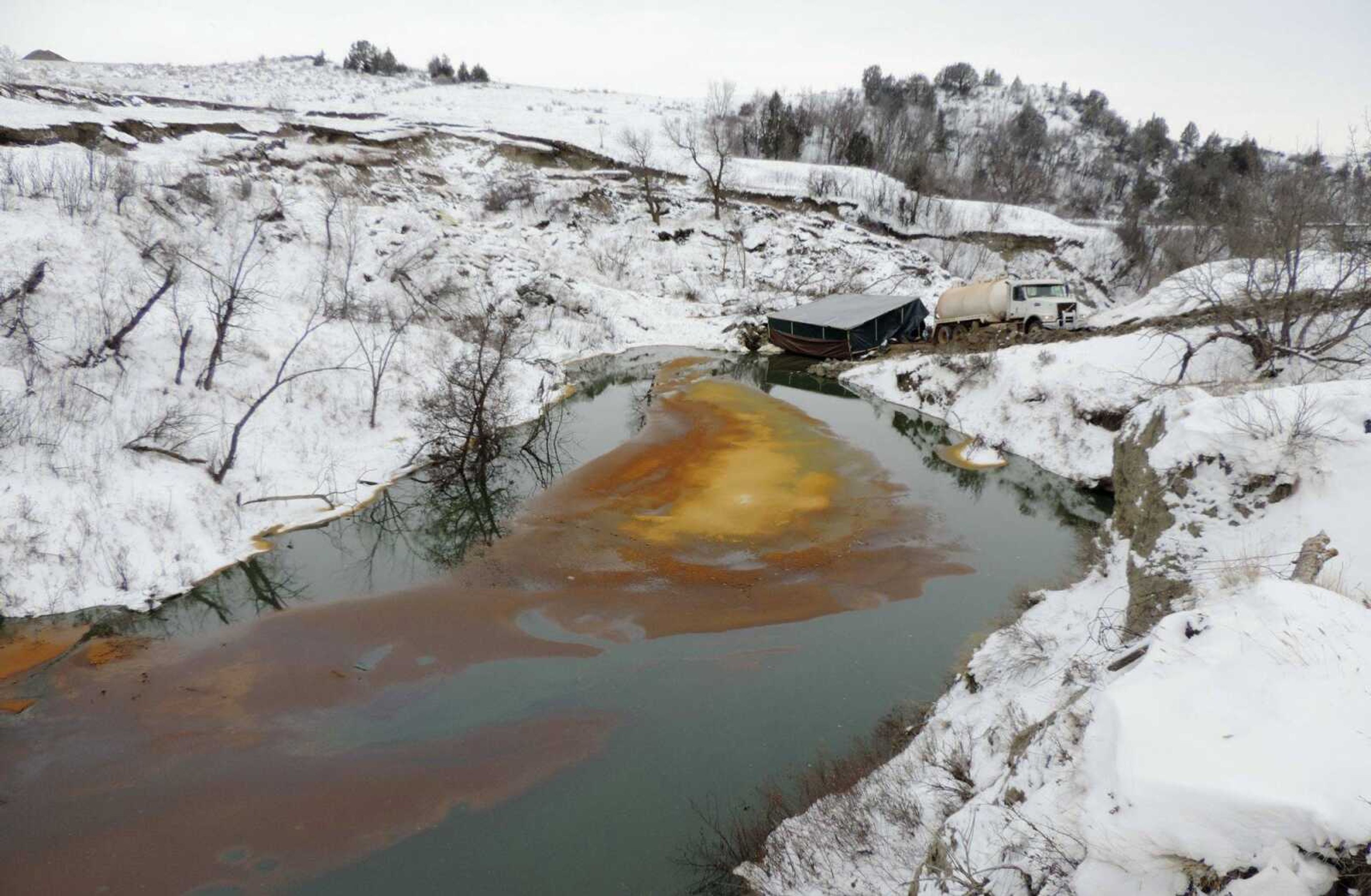 An oil spill from the Belle Fourche Pipeline that was discovered Dec. 5, in Ash Coulee Creek, a tributary of the Little Missouri River, near Belfield, North Dakota.