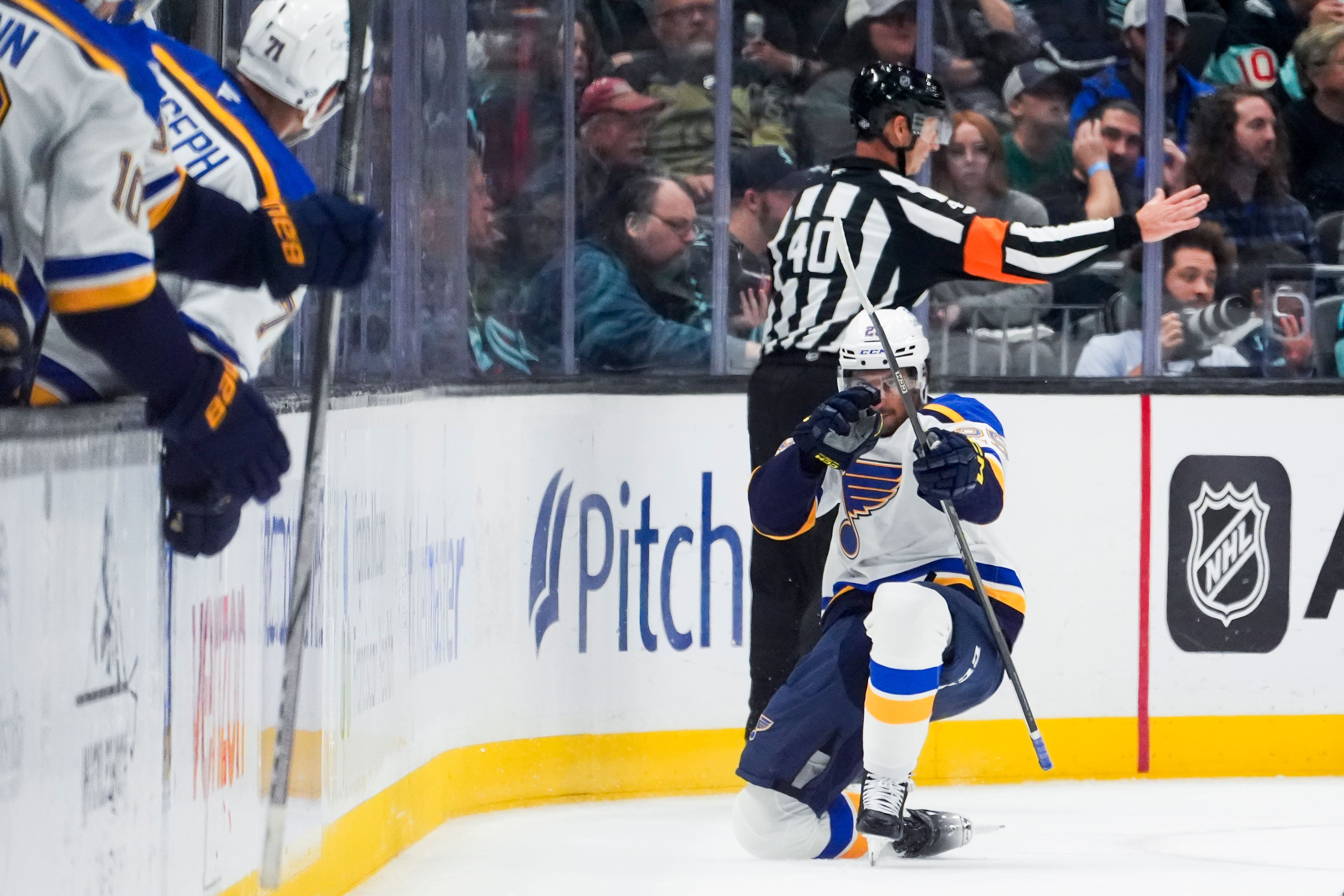 St. Louis Blues center Jordan Kyrou celebrates his goal against the Seattle Kraken during the second period of an NHL hockey game Tuesday, Oct. 8, 2024, in Seattle. (AP Photo/Lindsey Wasson)