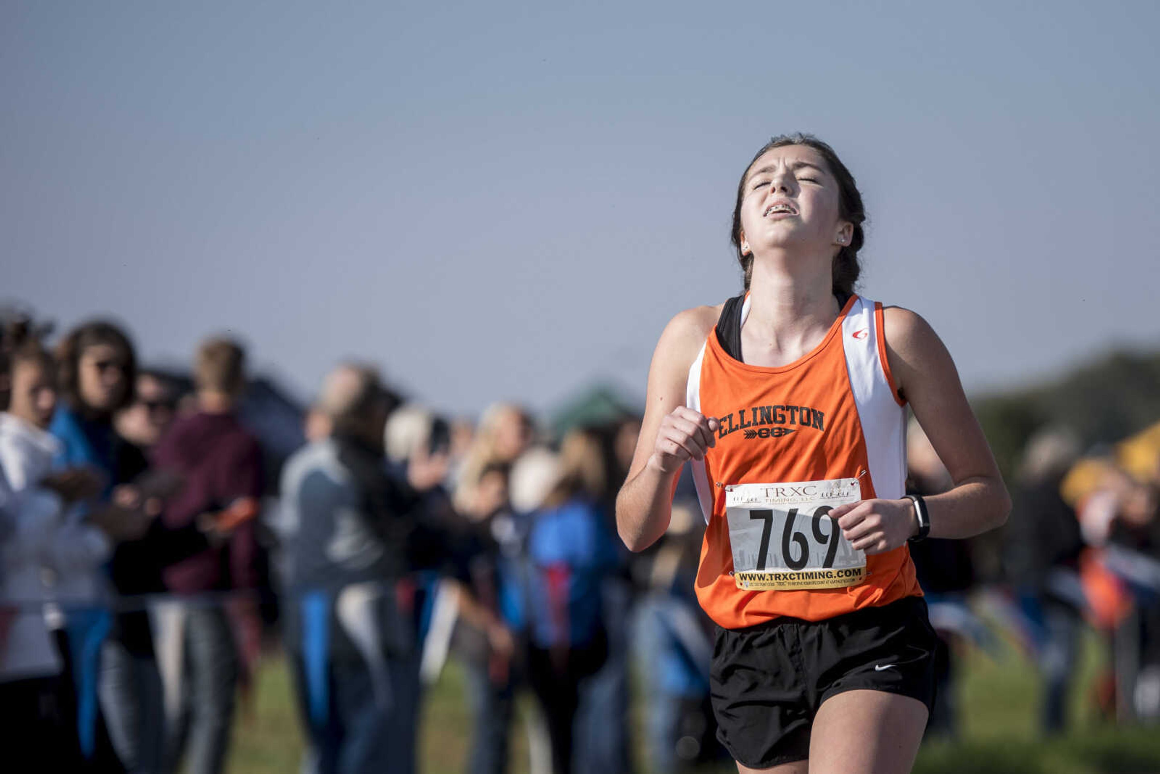 Southern High School (Ellington) freshman Grace Lloyd crosses the finish line to win the Class 1 girls' race during a District cross-country meet at Notre Dame Regional High School Saturday, Oct. 27, 2018